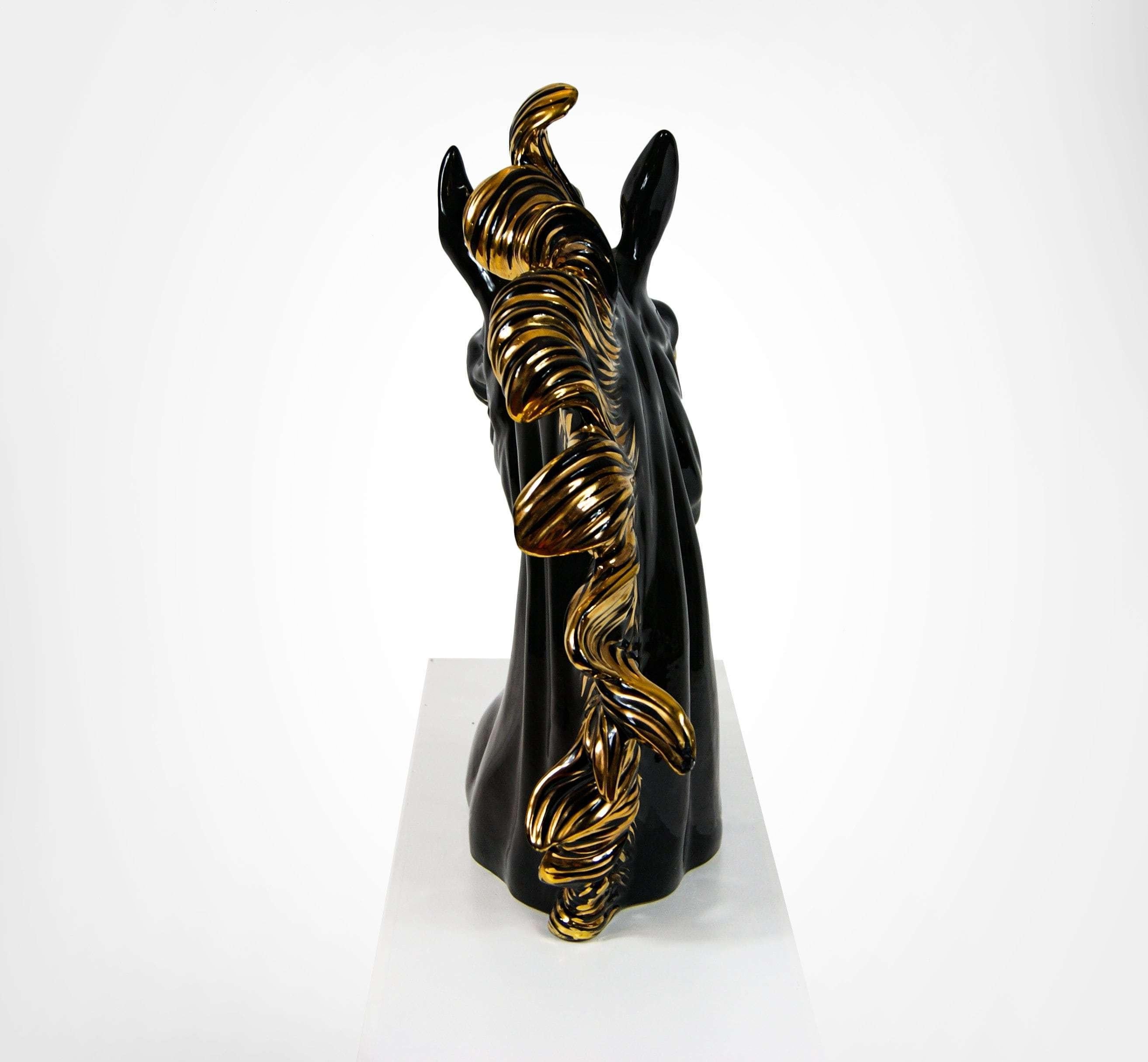 Glazed Italian Ceramic Large Black Stallion Horse Head Sculpture 1990s For Sale