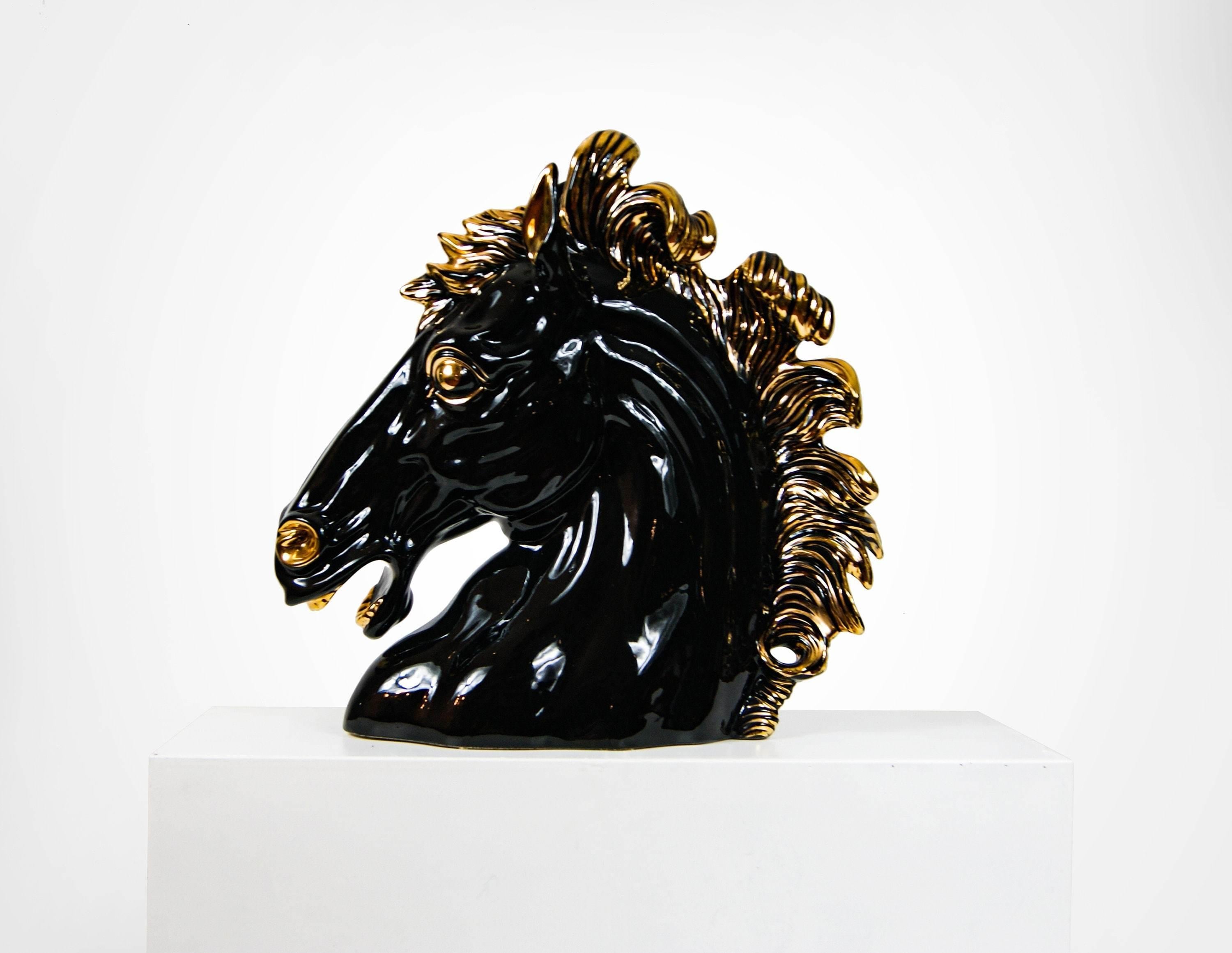 Italian Ceramic Large Black Stallion Horse Head Sculpture 1990s For Sale 1