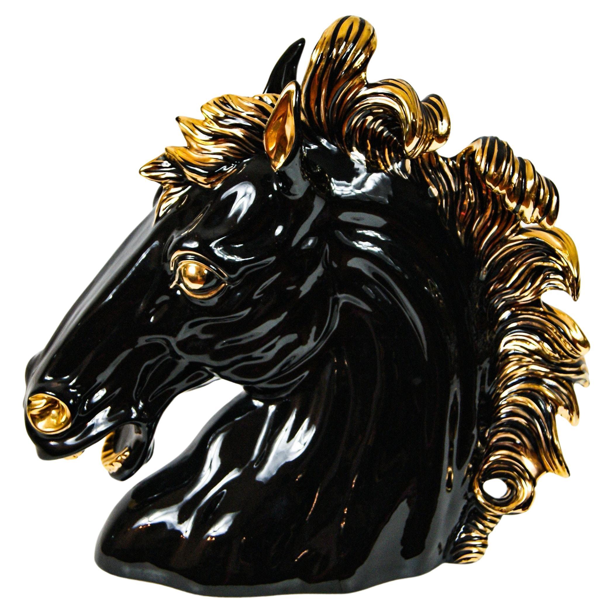 Italian Ceramic Large Black Stallion Horse Head Sculpture 1990s For Sale