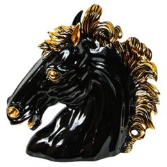 Sculpture de tête de cheval étalon noir en céramique italienne 1990