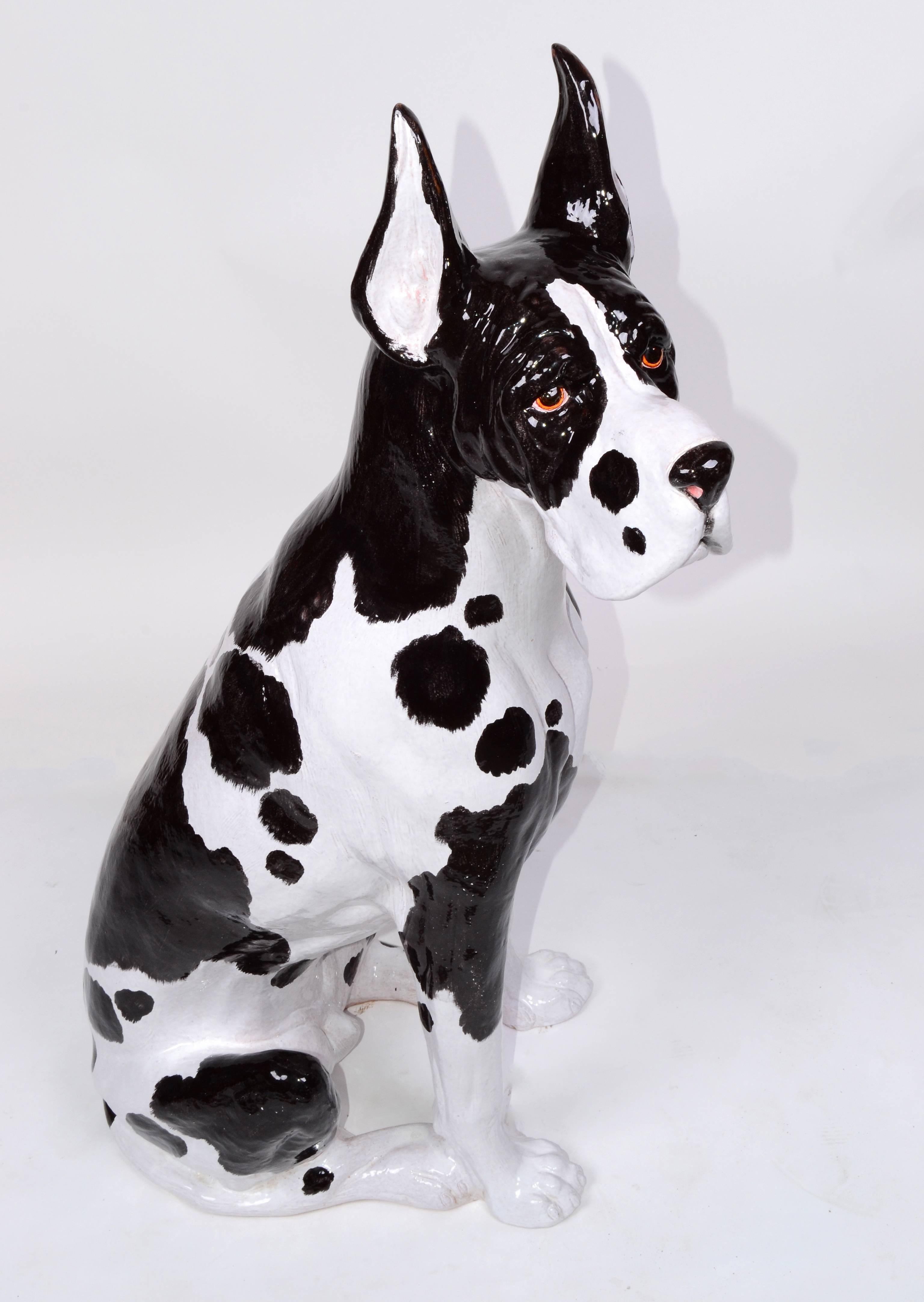 Stunning glazed Italian ceramic lifesize Great Dane dog statue. Signed underneath 