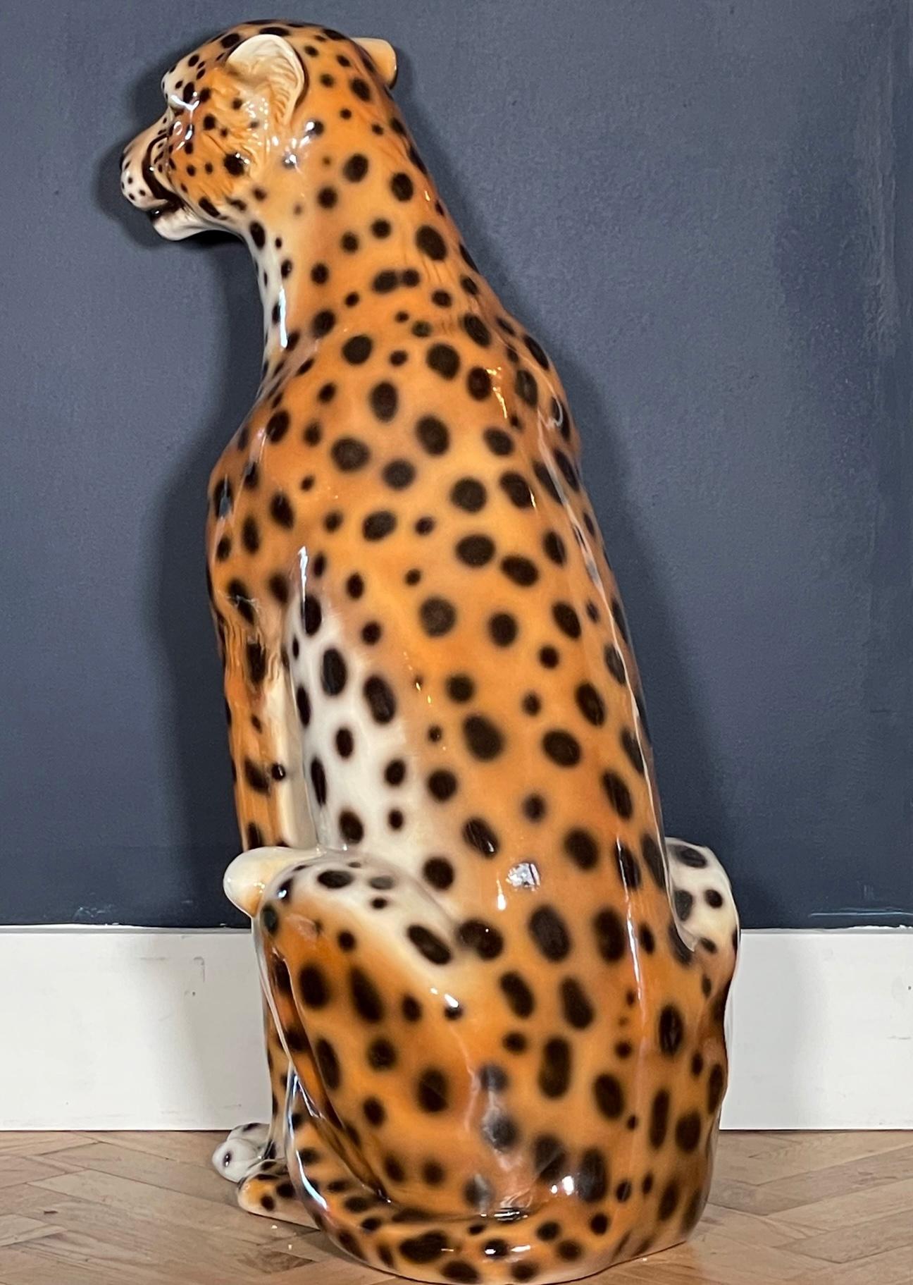 Hollywood Regency Italian Ceramic Life Size Cheetah Figurine