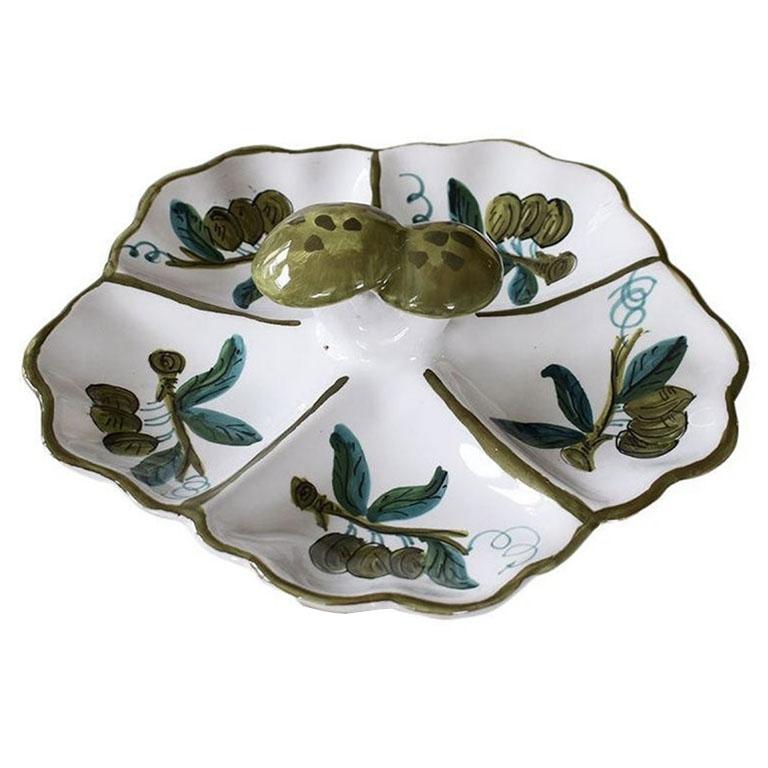 A beautiful example of Italian dipinto a mano, or hand-painted ceramics. This piece at first glance is reminiscent of an oyster tray or platter. It has five divided wells for serving your favorite crudités, dips, and salsas. Each well is decorated