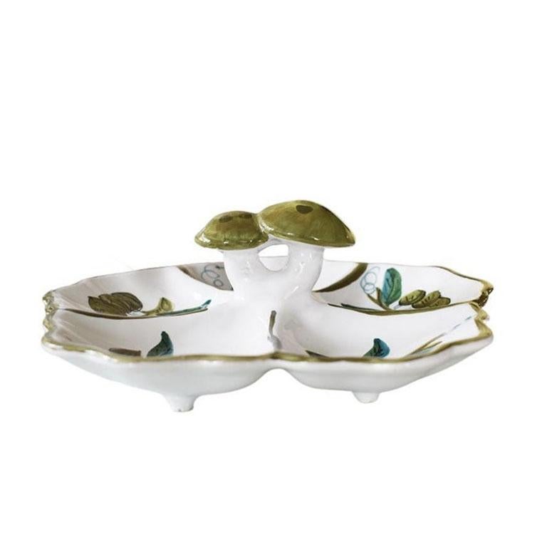 Italian Ceramic Mushroom Motif Serving Dish or Relish Tray in Green - Italy In Good Condition For Sale In Oklahoma City, OK