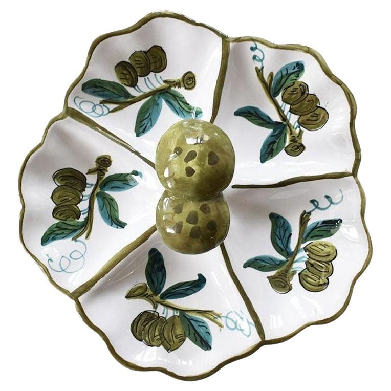 Italian Ceramic Mushroom Motif Serving Dish or Relish Tray in Green - Italy