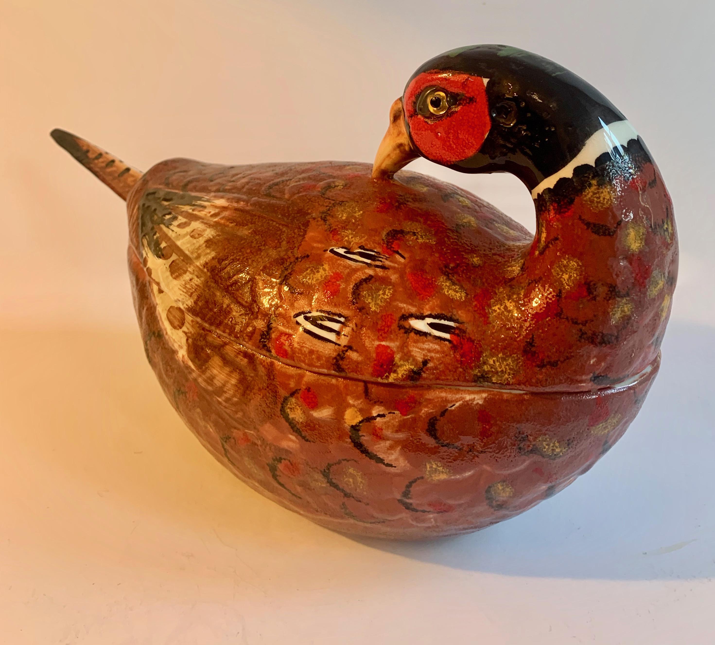 Hand-Painted Italian Oggetti Porcelain Pheasant Soup Tureen with Ladle For Sale