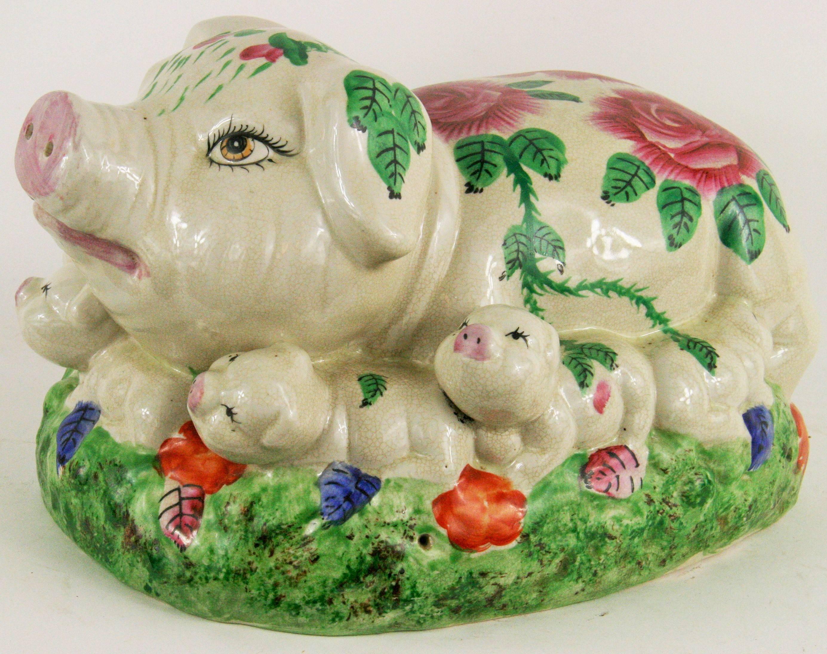 9-362 hand painted Italian Majolica figure of a pig with seven piglets. No maker's marks.