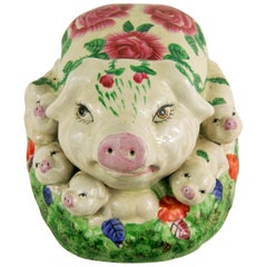 Vintage Italian Ceramic Pig Sculpture with Seven Piglets