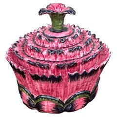 Vintage Italian Ceramic Pink and Black Flower Blossom Form Tureen