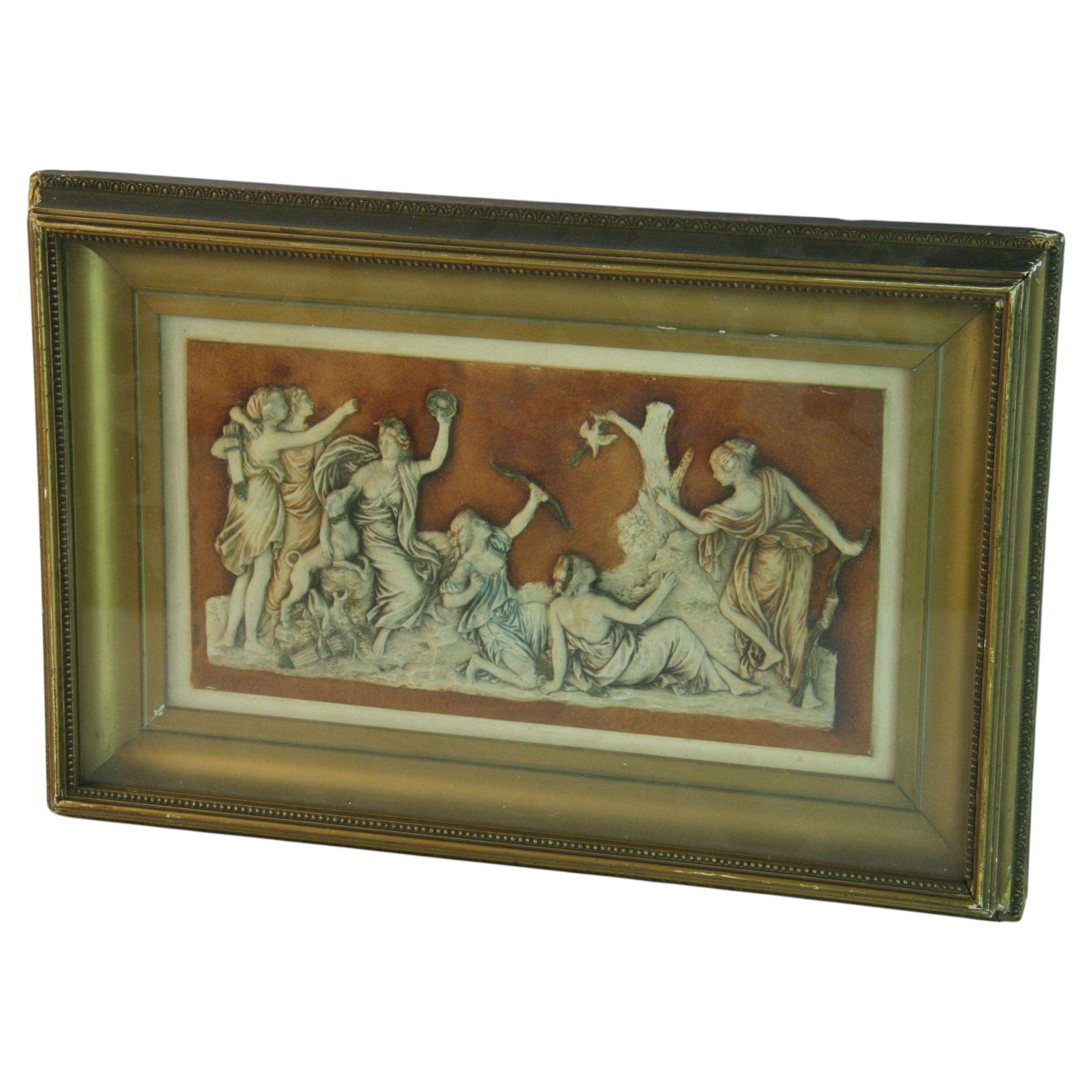 Italian Ceramic Renaissance Wall Plaque, 1950s, Framed, 6.6x11.5"