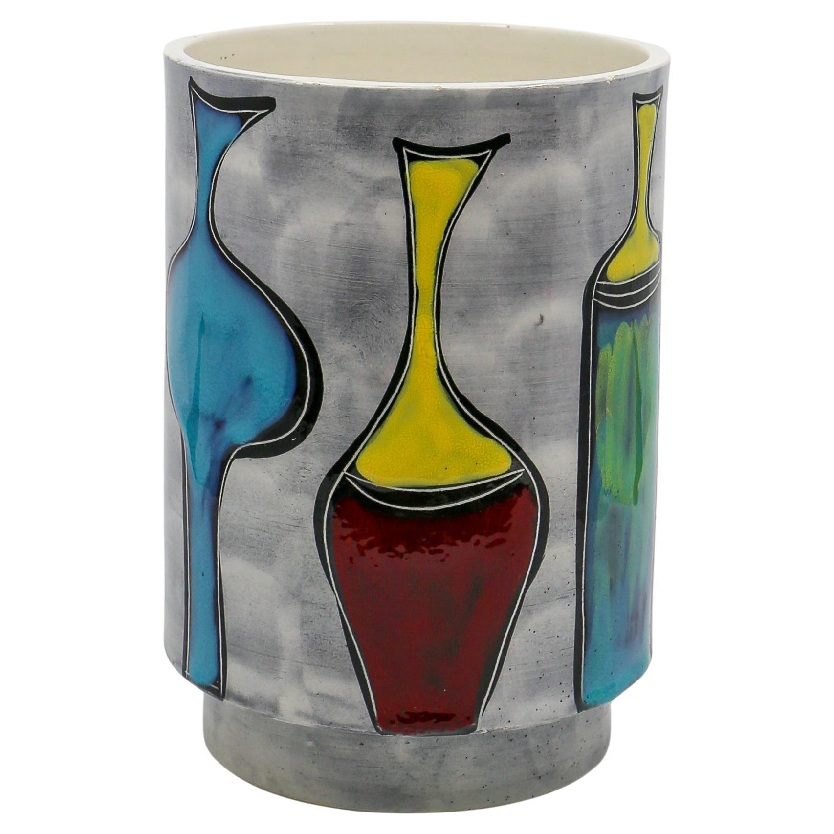 Vase rond italien avec bouteille et motifs floraux