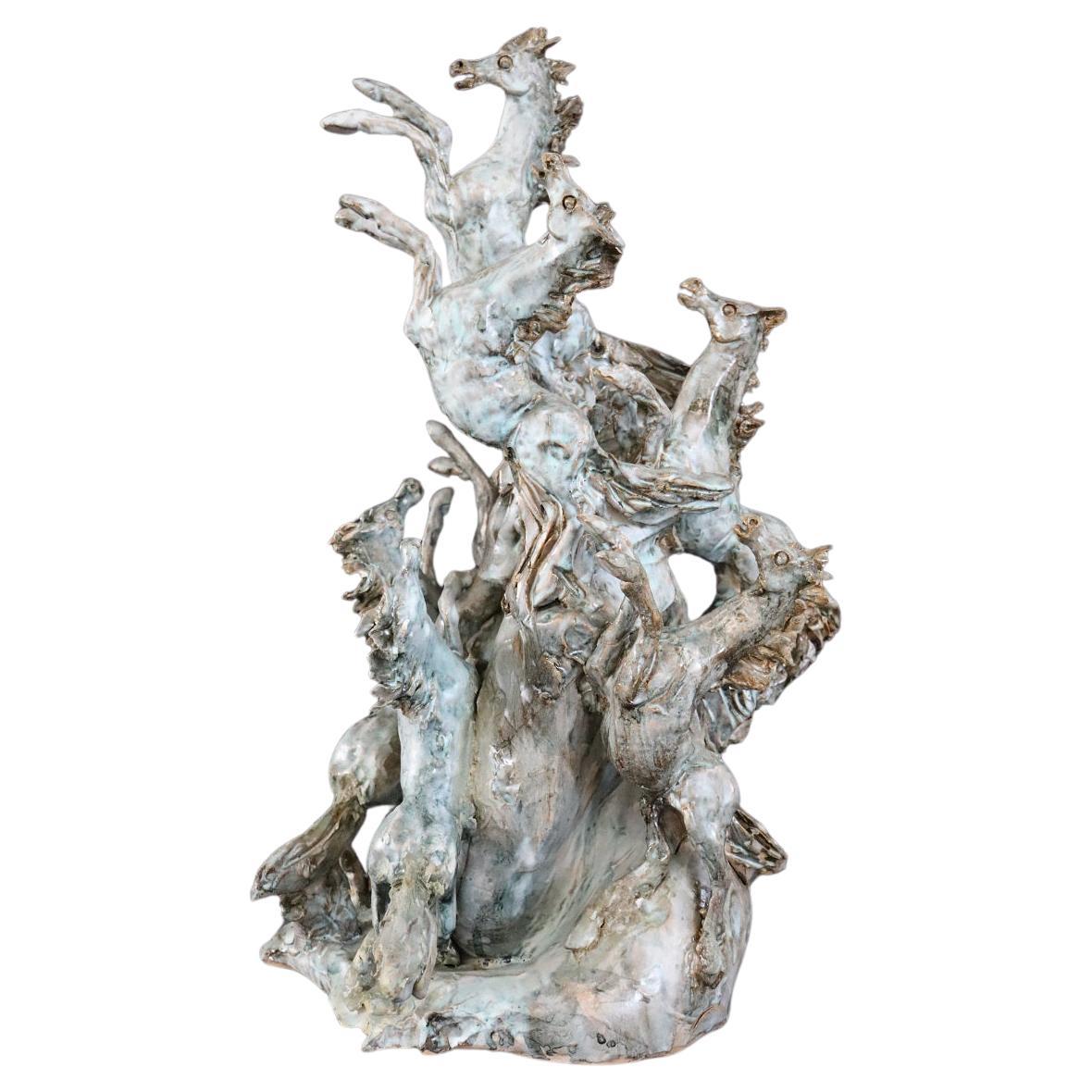 Italian Ceramic Sculpture "Horses" by Carlo Morelli For Sale