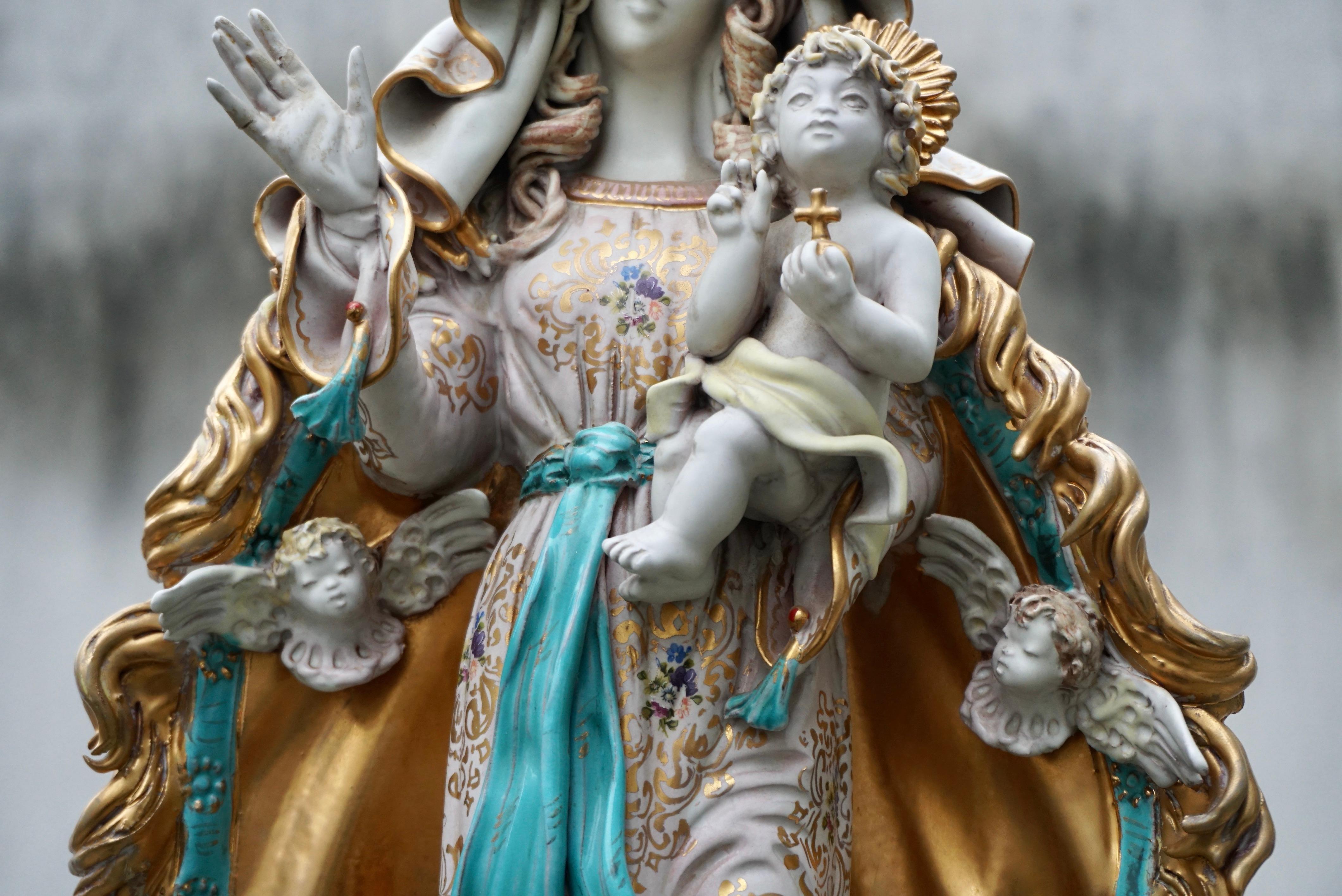 Earthenware Italian Ceramic Sculpture Madonna Virgin & Child Pattarino 1960s Figure For Sale