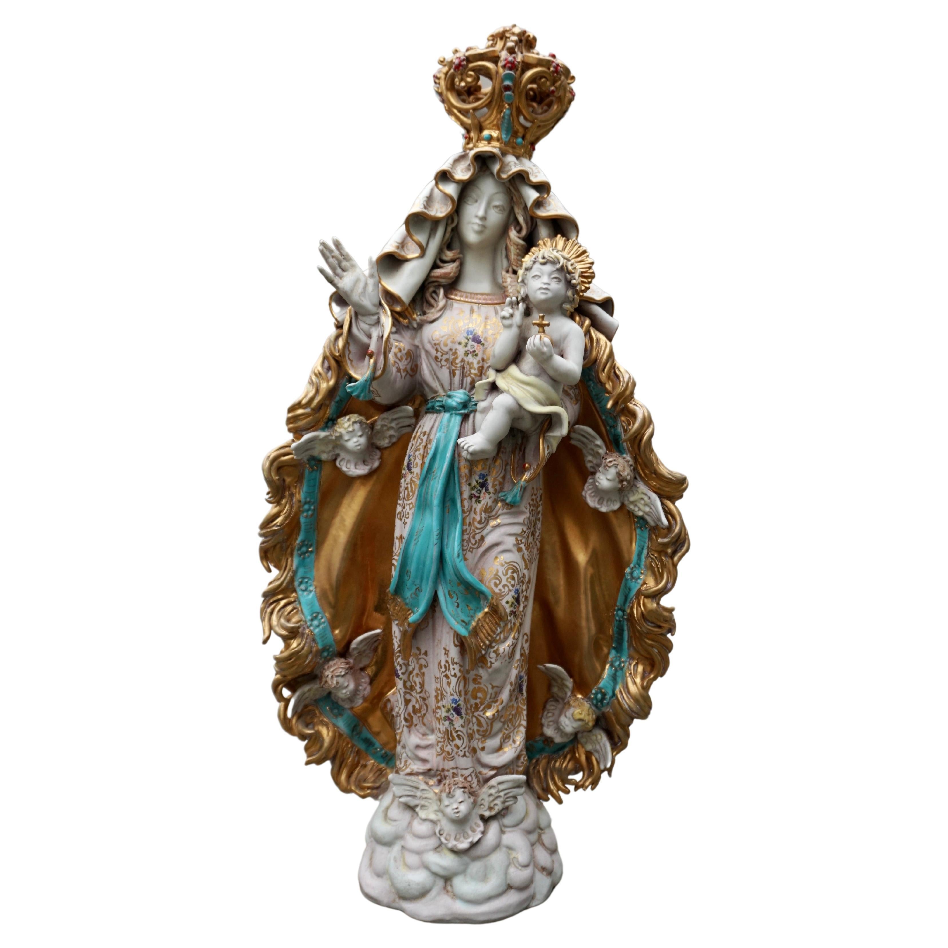 Italian Ceramic Sculpture Madonna Virgin & Child Pattarino 1960s Figure For Sale