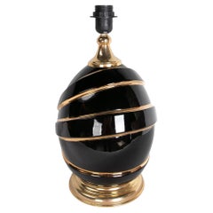 Retro Italian Ceramic Table Lamp in Black Colour with Gold Decorations