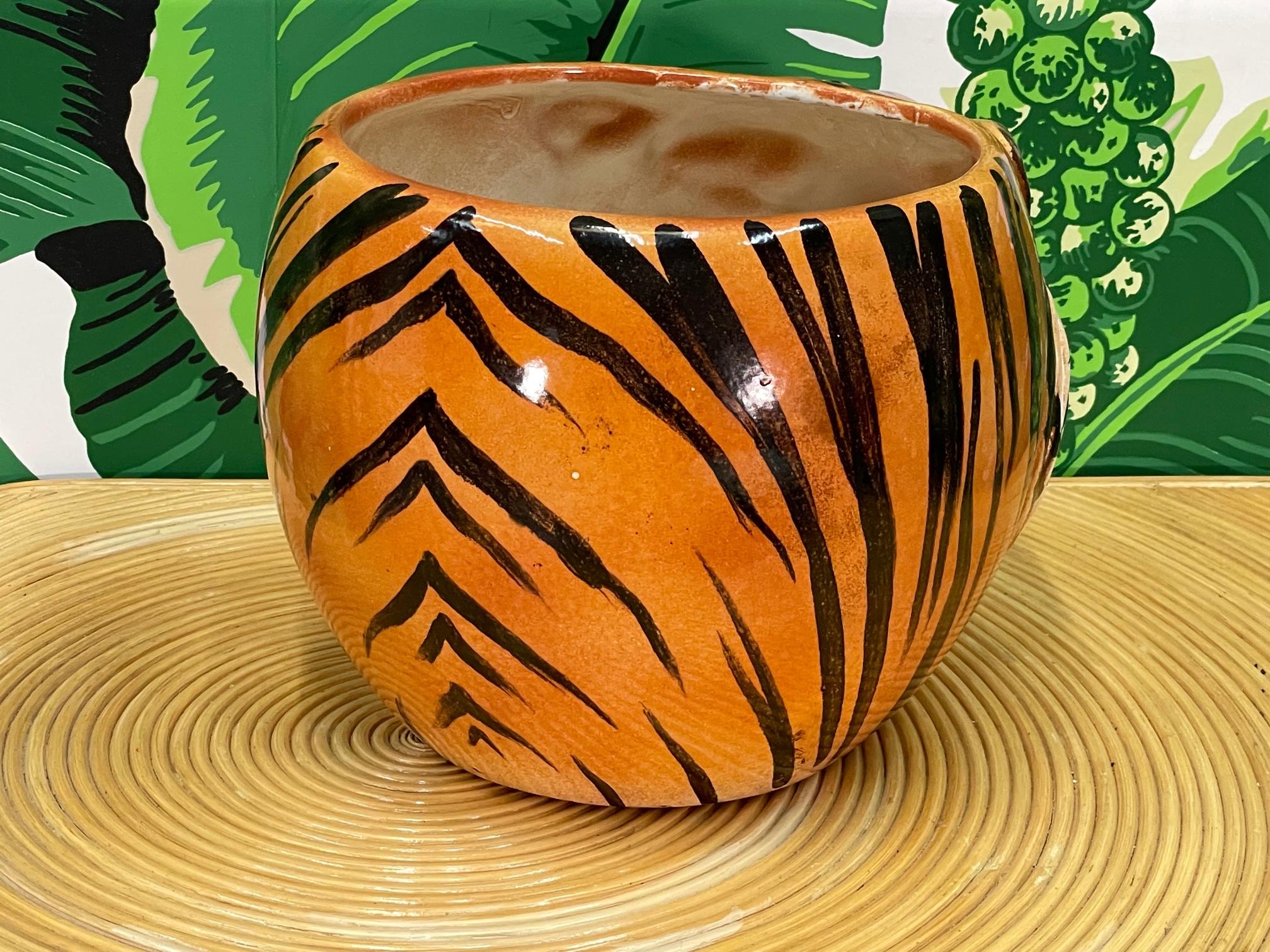20th Century Italian Ceramic Tiger Head Large Cachepot Planter For Sale
