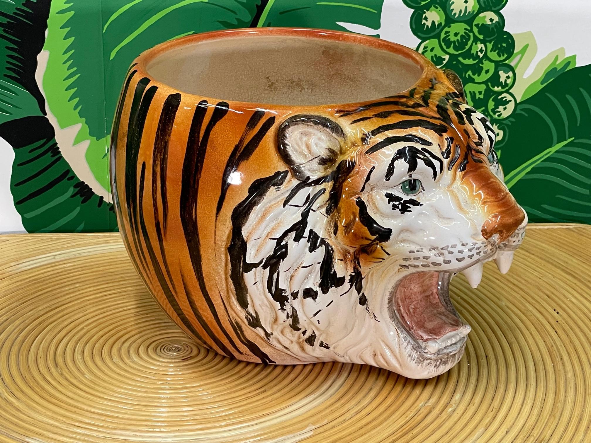 Italian Ceramic Tiger Head Large Cachepot Planter For Sale 3