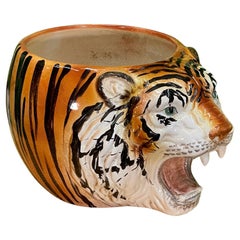 Italian Ceramic Tiger Head Large Cachepot Planter