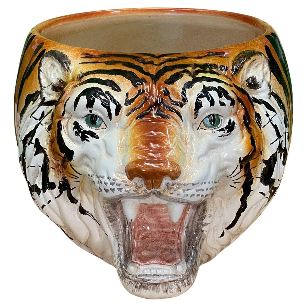 Italian Ceramic Tiger Head Large Cachepot Planter For Sale
