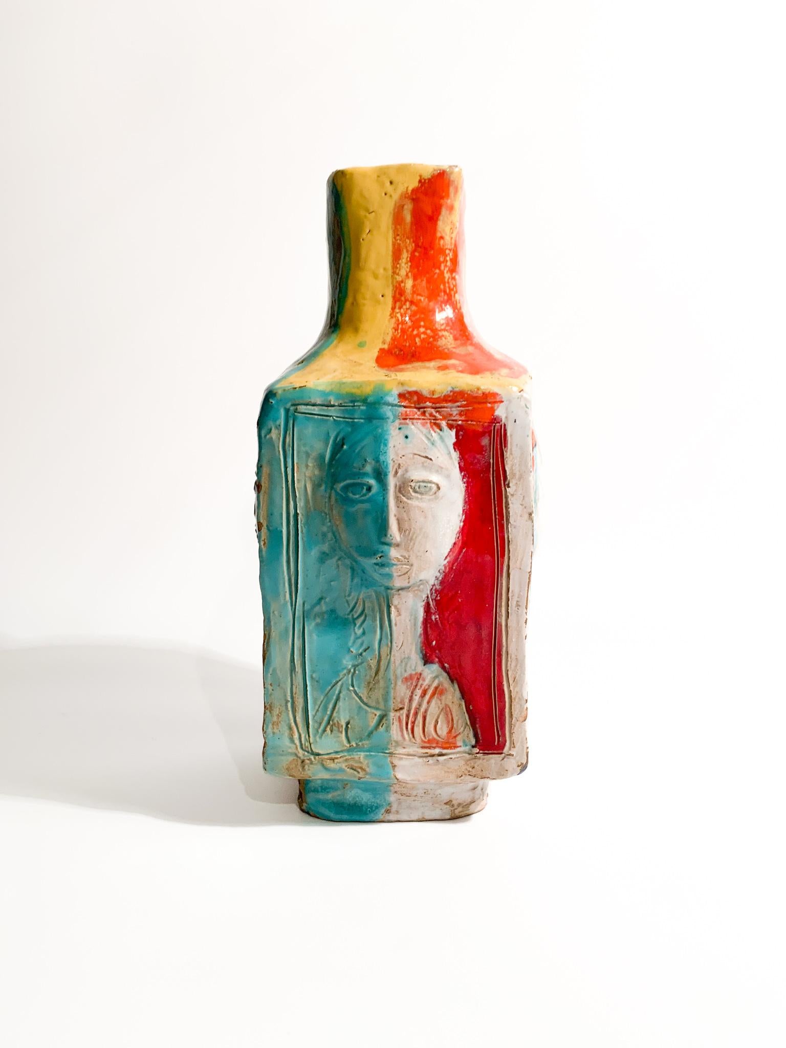 Mid-20th Century Italian Ceramic Vase Made by Cantagalli Carved in Relief 1954