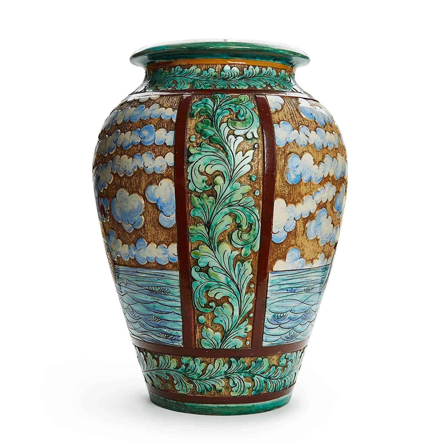 Hand-Crafted Italian Ceramic Vase with Marina and Vessels Umbrella Stand Perugia 1952 For Sale