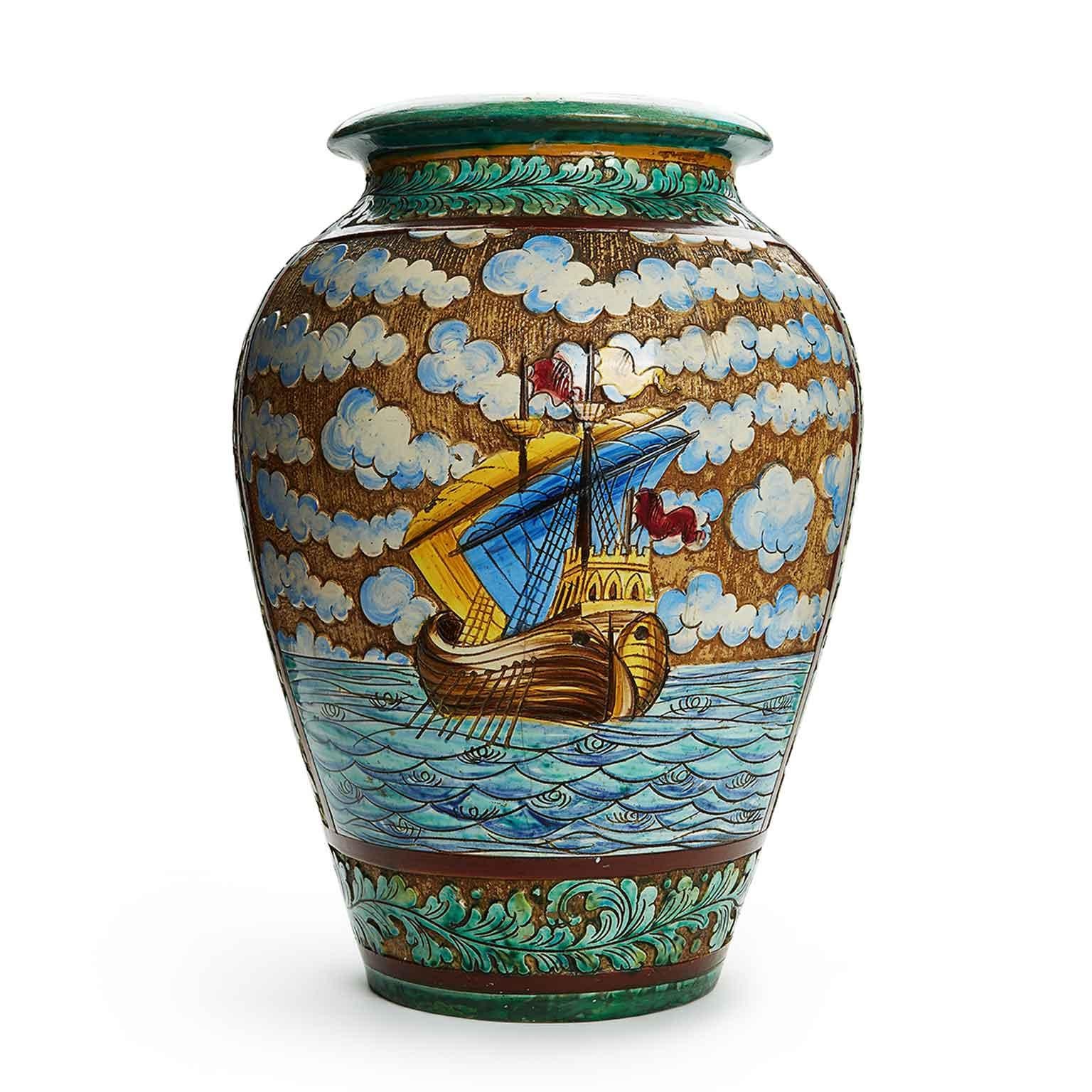 Hand-Crafted Italian Ceramic Vase with Marina and Vessels Umbrella Stand Perugia 1952 For Sale