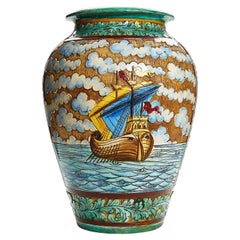 Italian Ceramic Vase with Marina and Vessels Umbrella Stand Perugia 1952