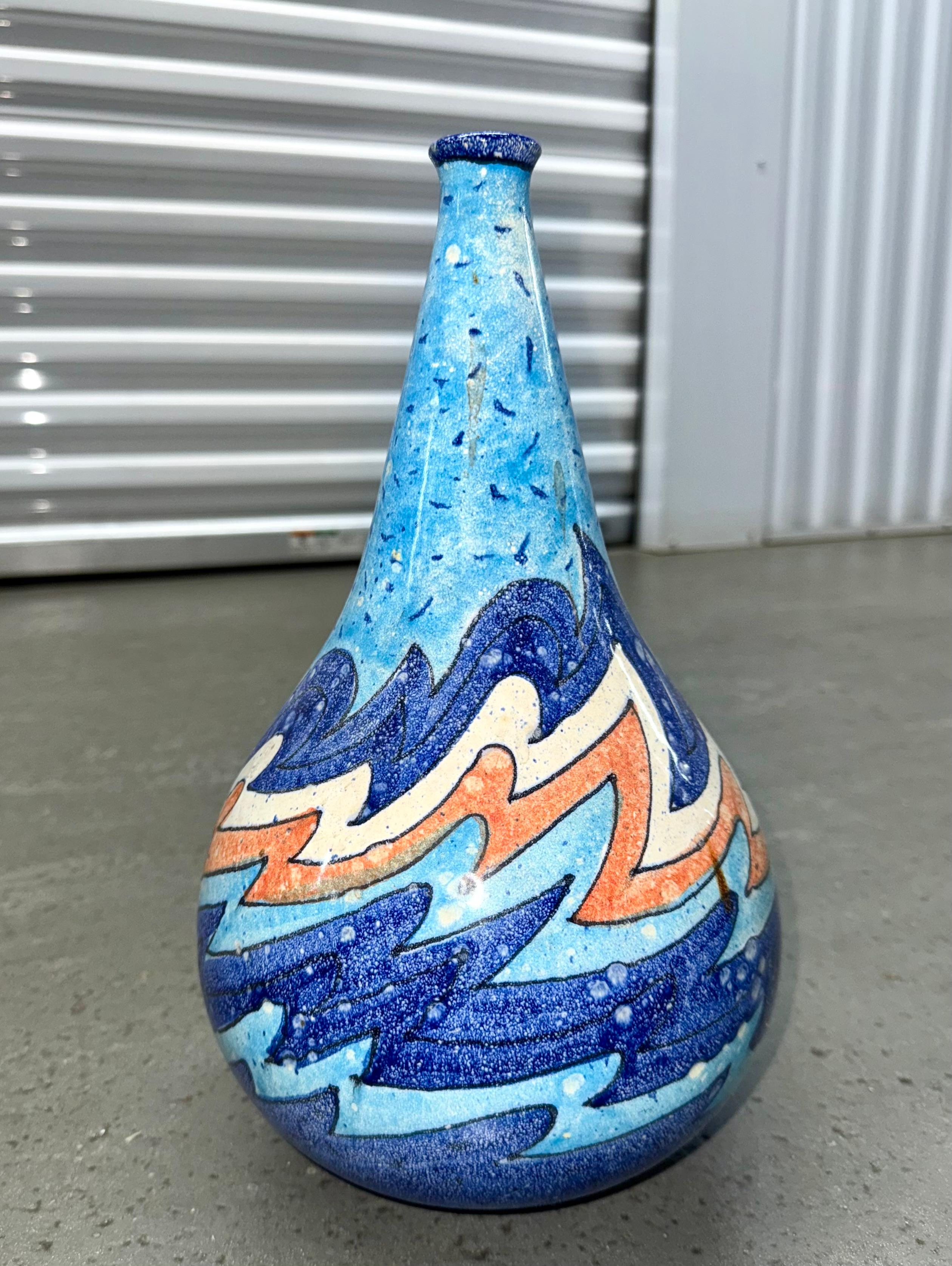Italian Ceramic Vase Pottery, Blue Orange White Speckled Glaze, 2000s. 1