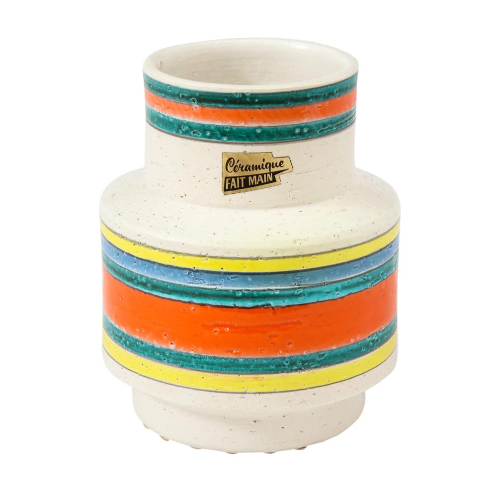 Mid-Century Modern Italian Ceramic Vase, White, Green, Orange, Yellow, Blue, Stripes, Signed For Sale