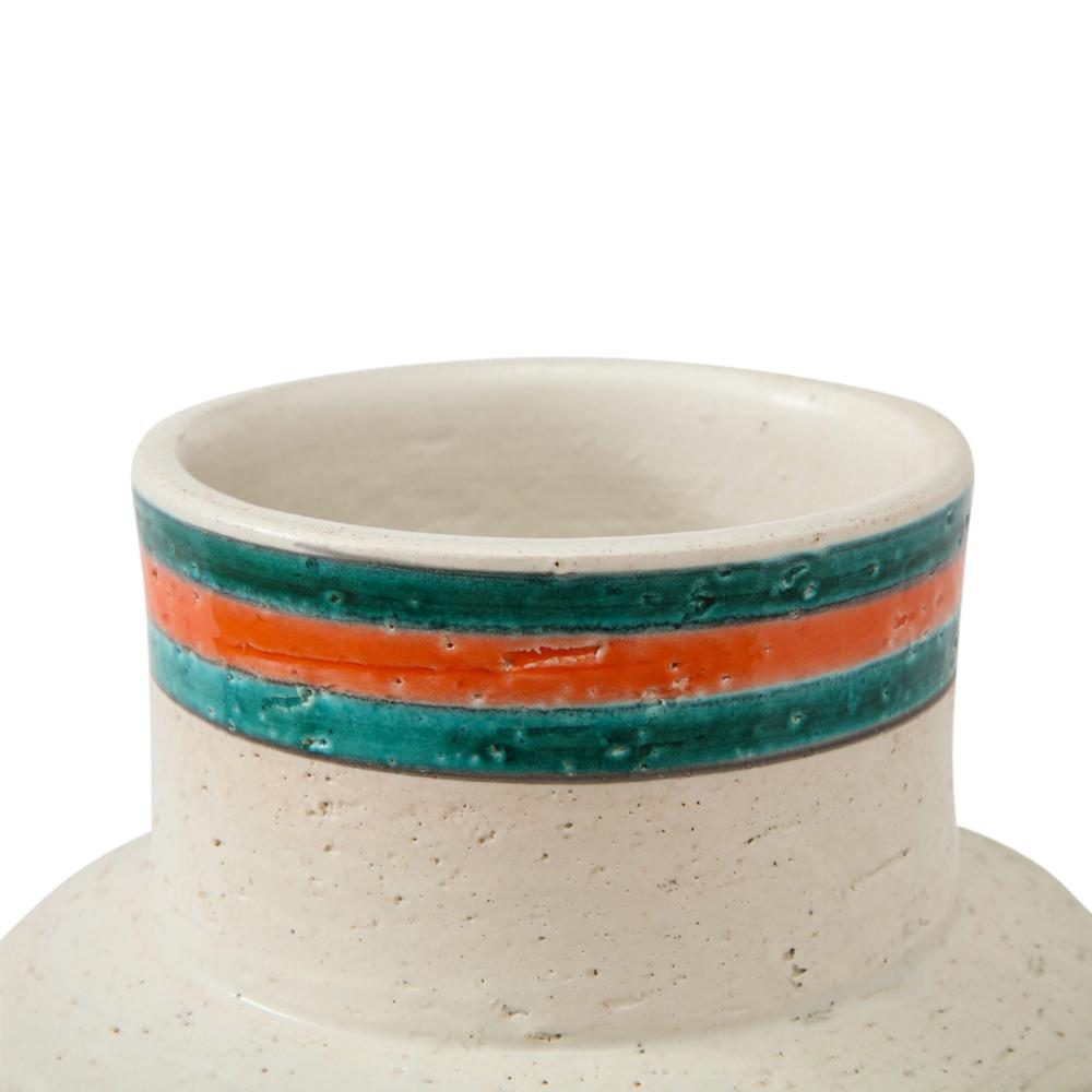 Glazed Italian Ceramic Vase, White, Green, Orange, Yellow, Blue, Stripes, Signed For Sale
