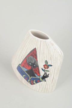 Italian ceramic vase with enamel motif of stylized figure. 1960s/70s