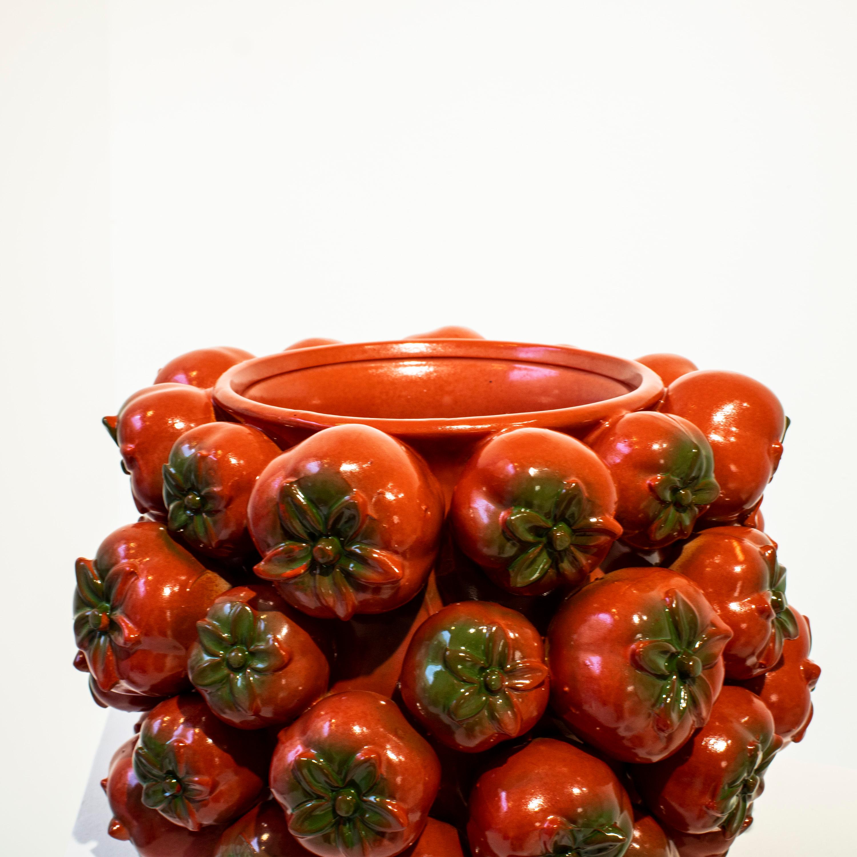 Turned Italian Ceramic Vase with Fruit Motifs, 2024 For Sale