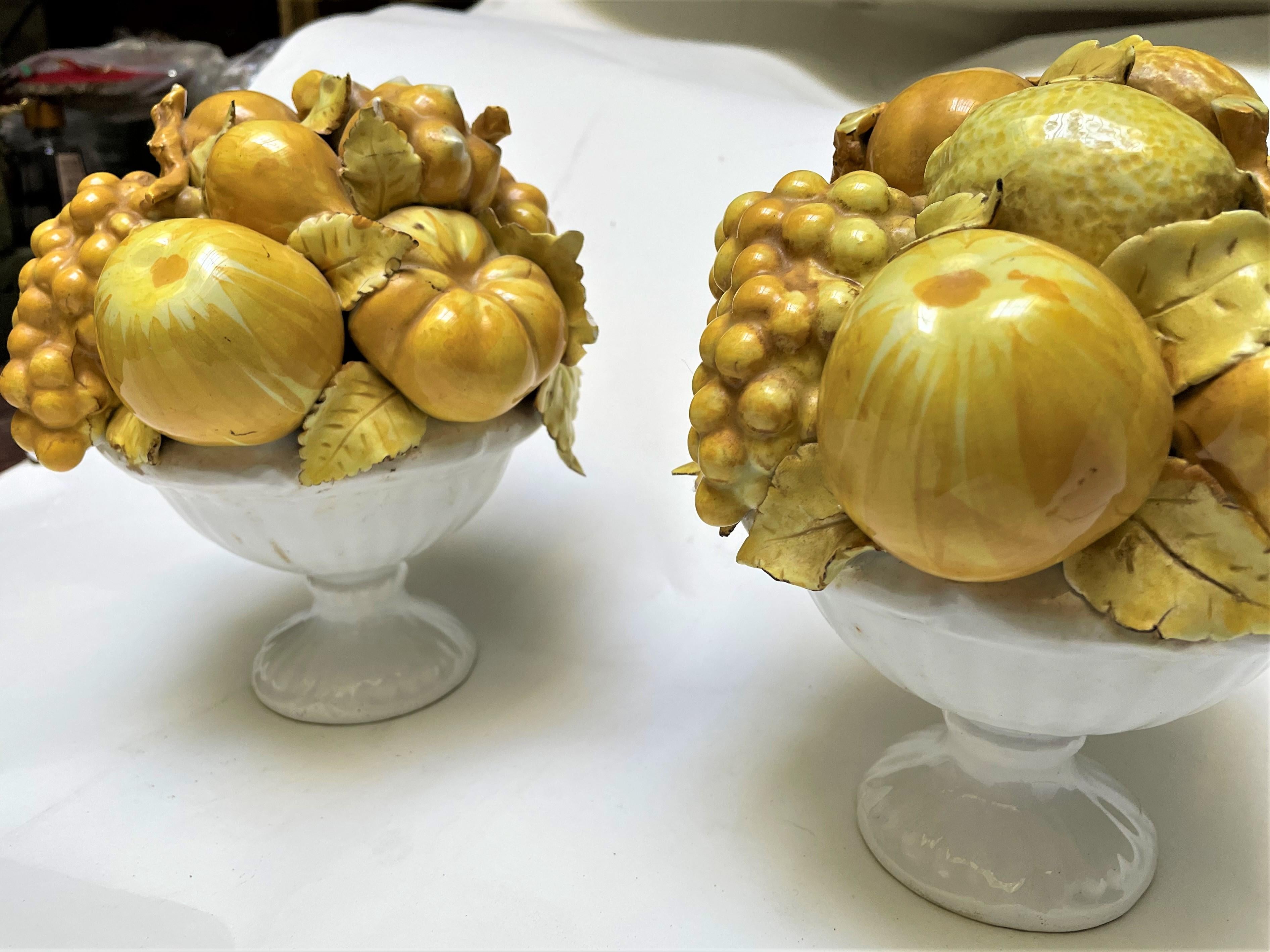 Italian Ceramic Yellow Glazed Fruit in White Footed Bowl Centerpiece a Pair For Sale 4