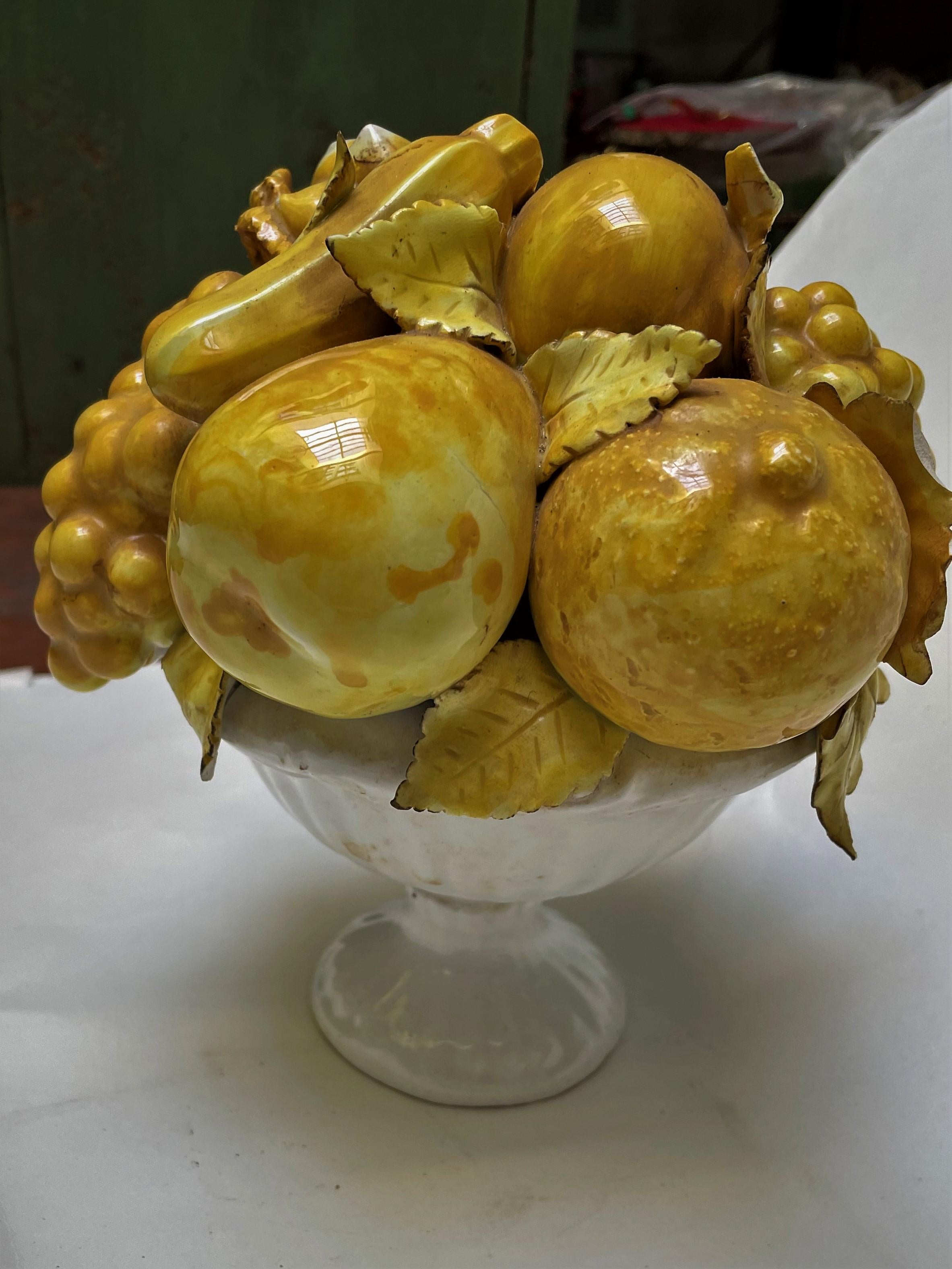 Italian Ceramic Yellow Glazed Fruit in White Footed Bowl Centerpiece a Pair For Sale 6