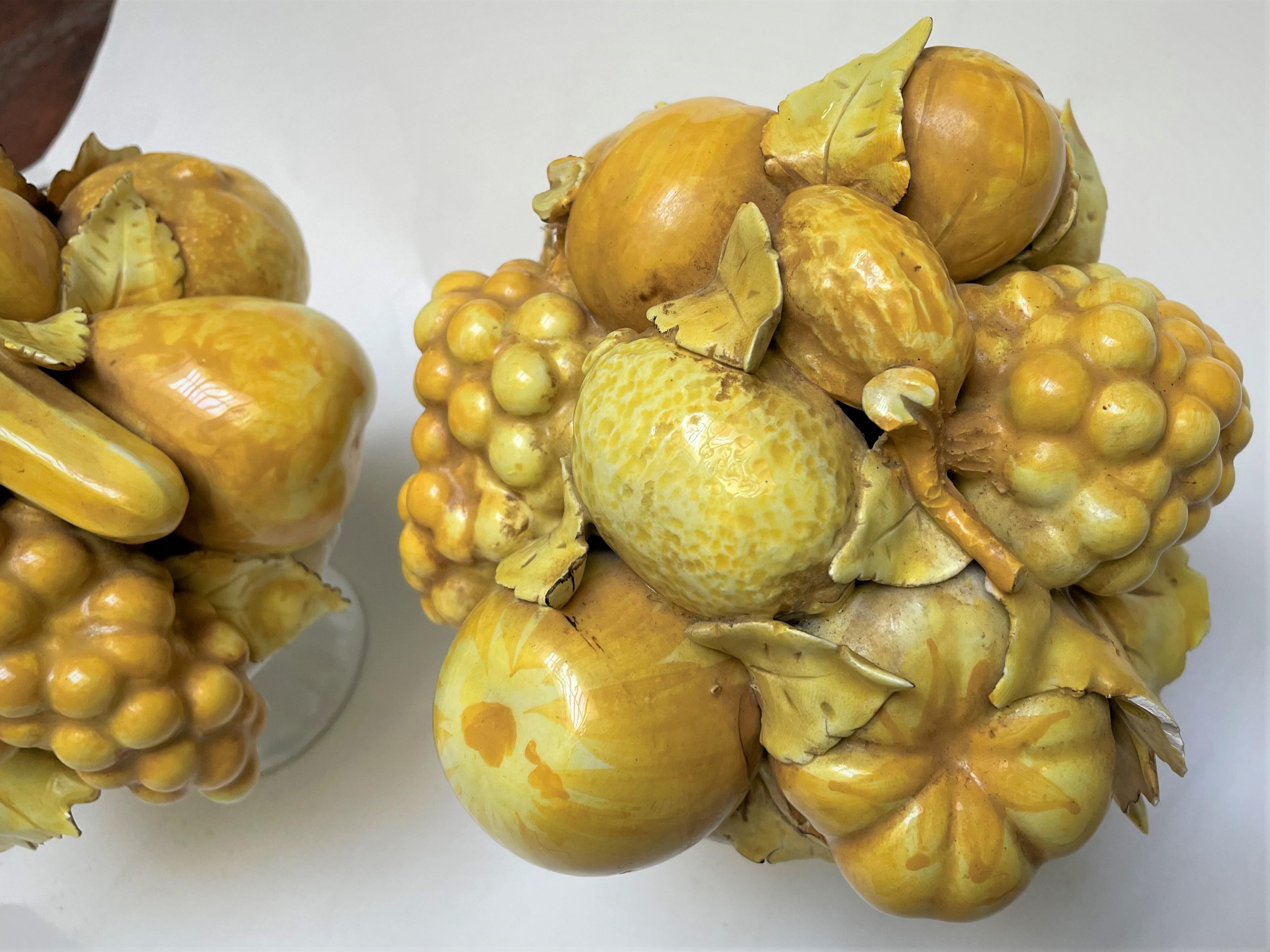 Fired Italian Ceramic Yellow Glazed Fruit in White Footed Bowl Centerpiece a Pair For Sale