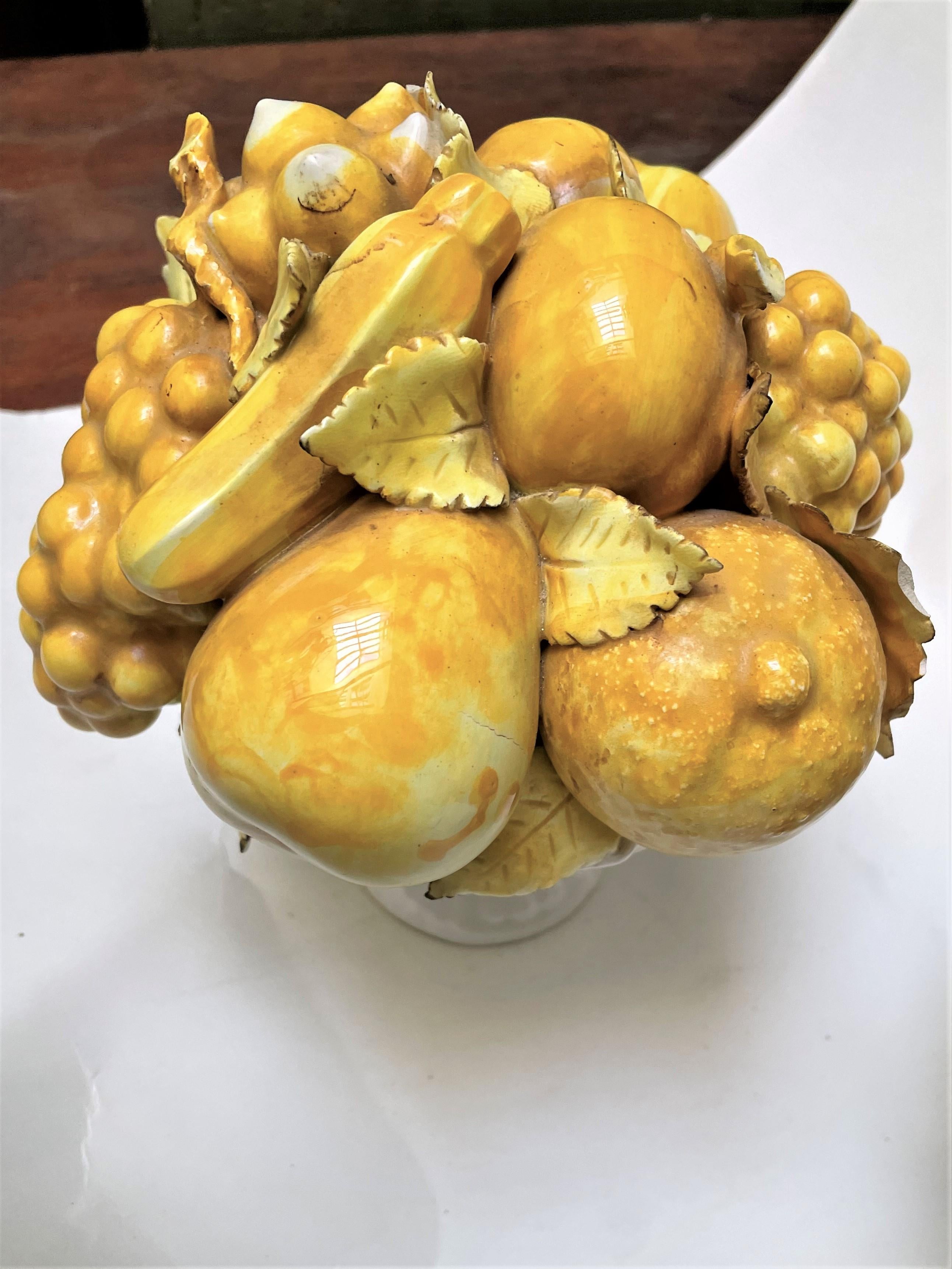 20th Century Italian Ceramic Yellow Glazed Fruit in White Footed Bowl Centerpiece a Pair For Sale