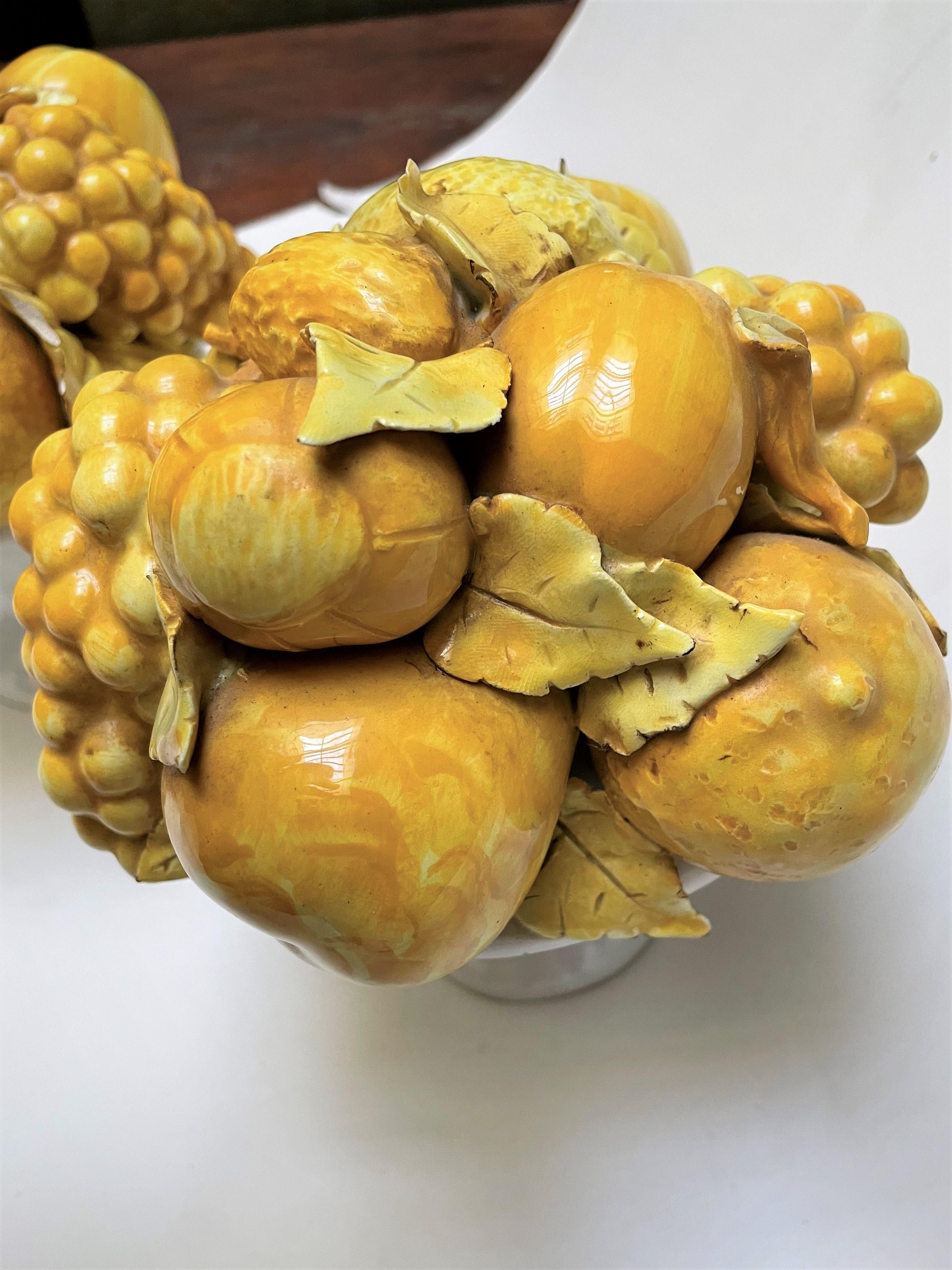 Italian Ceramic Yellow Glazed Fruit in White Footed Bowl Centerpiece a Pair For Sale 1