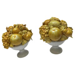 Italian Ceramic Yellow Glazed Fruit in White Footed Bowl Centerpiece a Pair