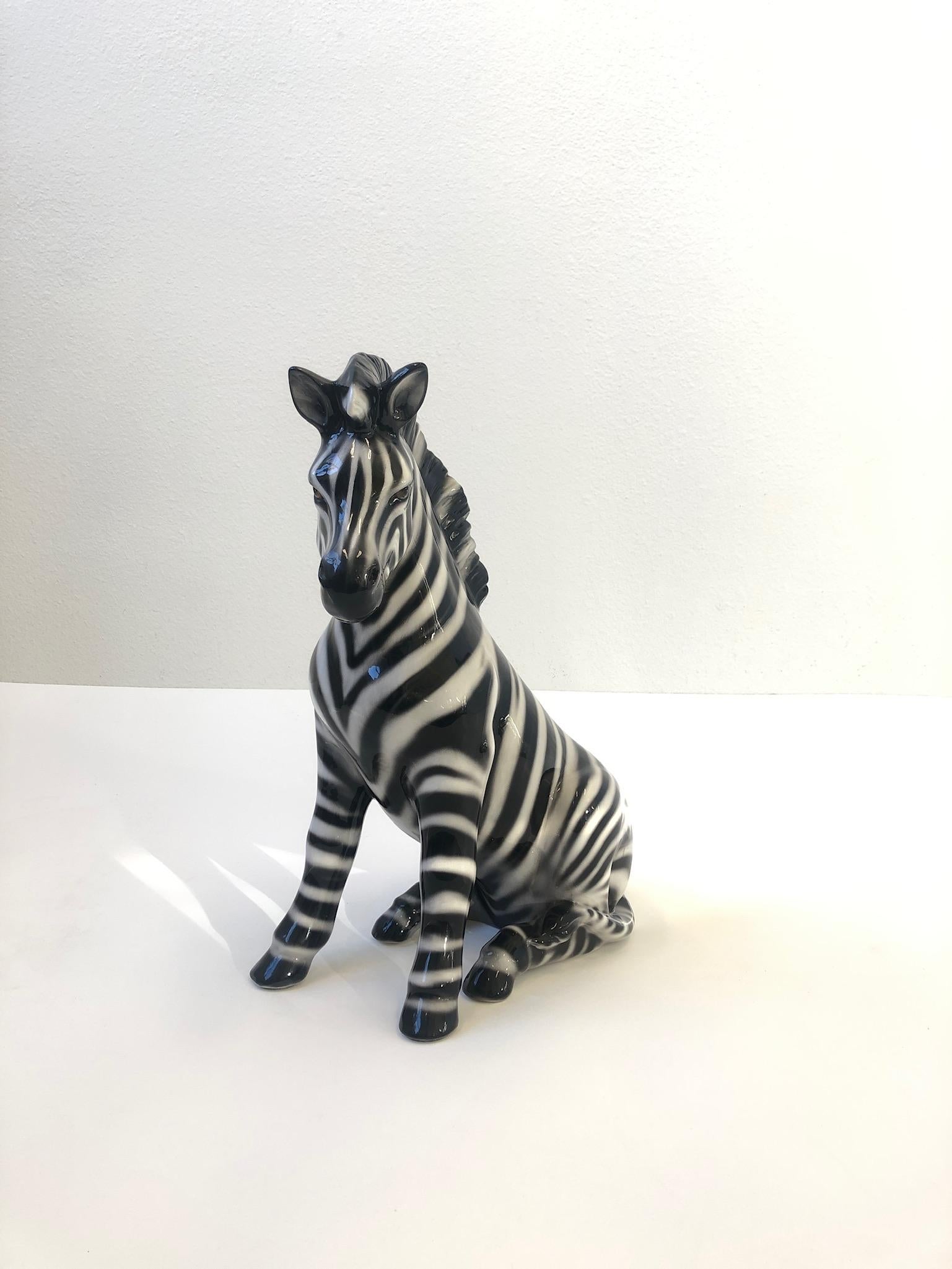 Large Italian ceramic zebra sculpture from the 1970s.
Hand painted and glazed. Marked made in Italy.
Measurements: 21.25” high, 17” wide and 9” deep.