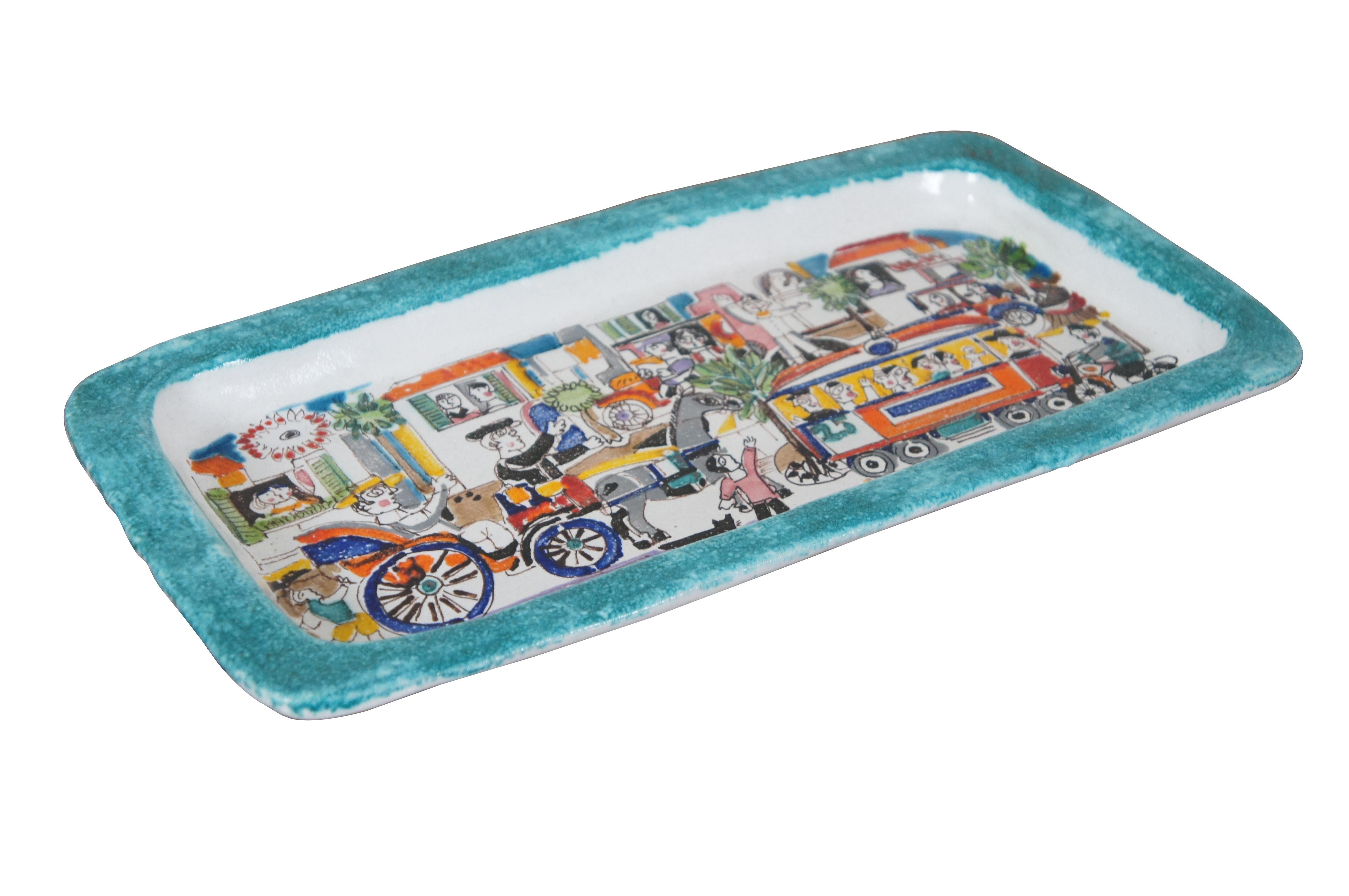 Expressionist Italian Ceramiche De Simone Rectangular Cityscape Folk Serving Tray Plate 17
