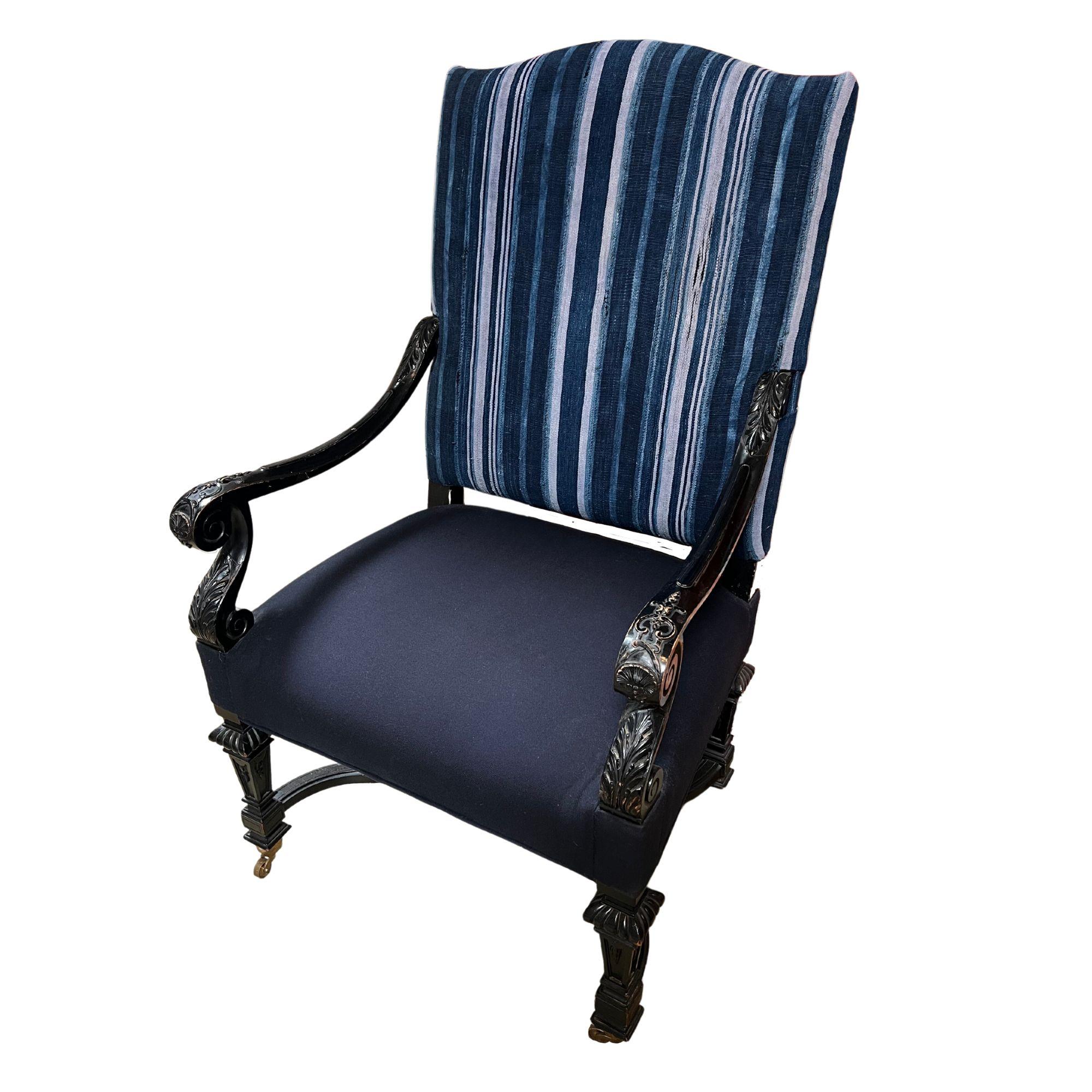 Italian Chair with Antique Indigo Cloth on Wheels In Good Condition For Sale In Dallas, TX