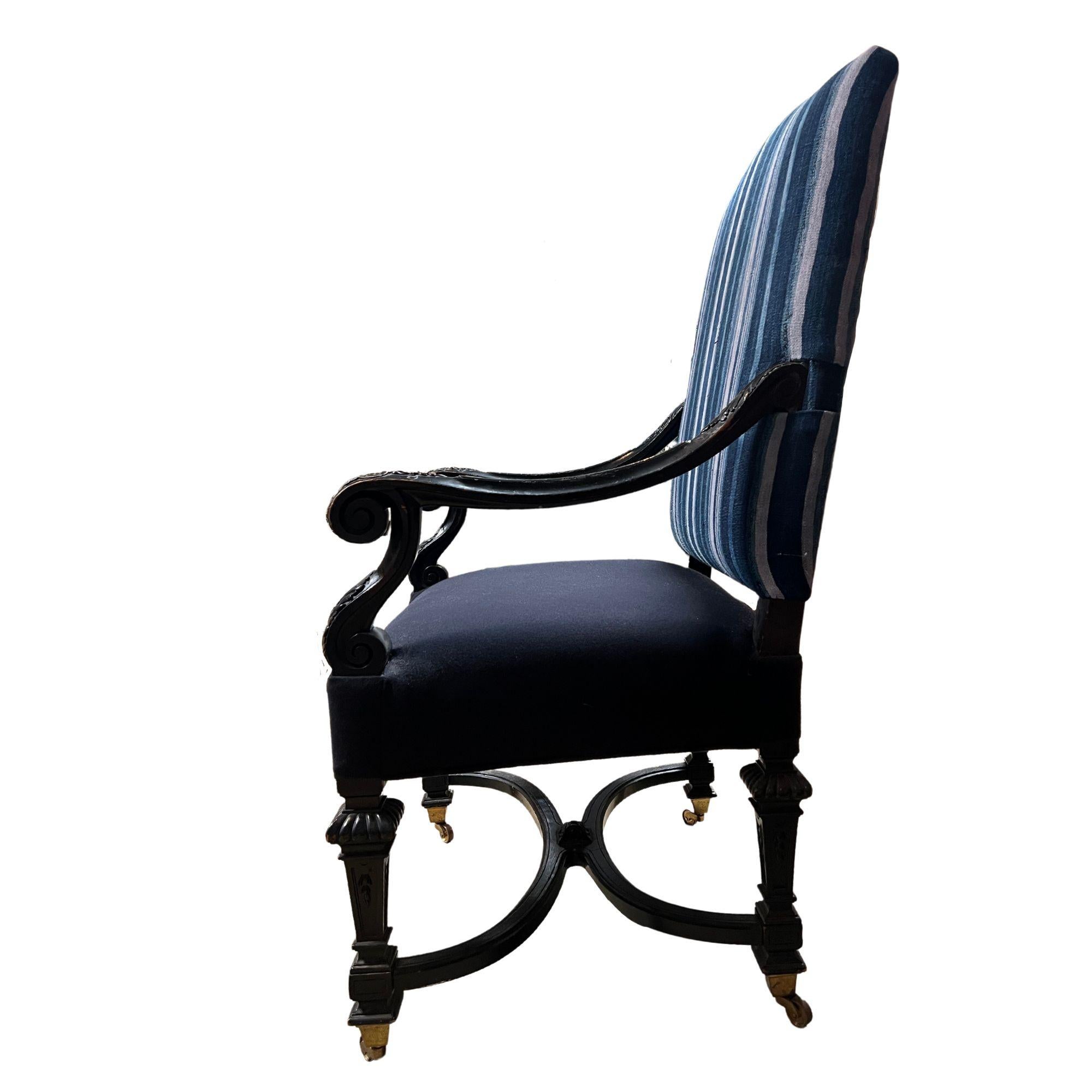 19th Century Italian Chair with Antique Indigo Cloth on Wheels For Sale