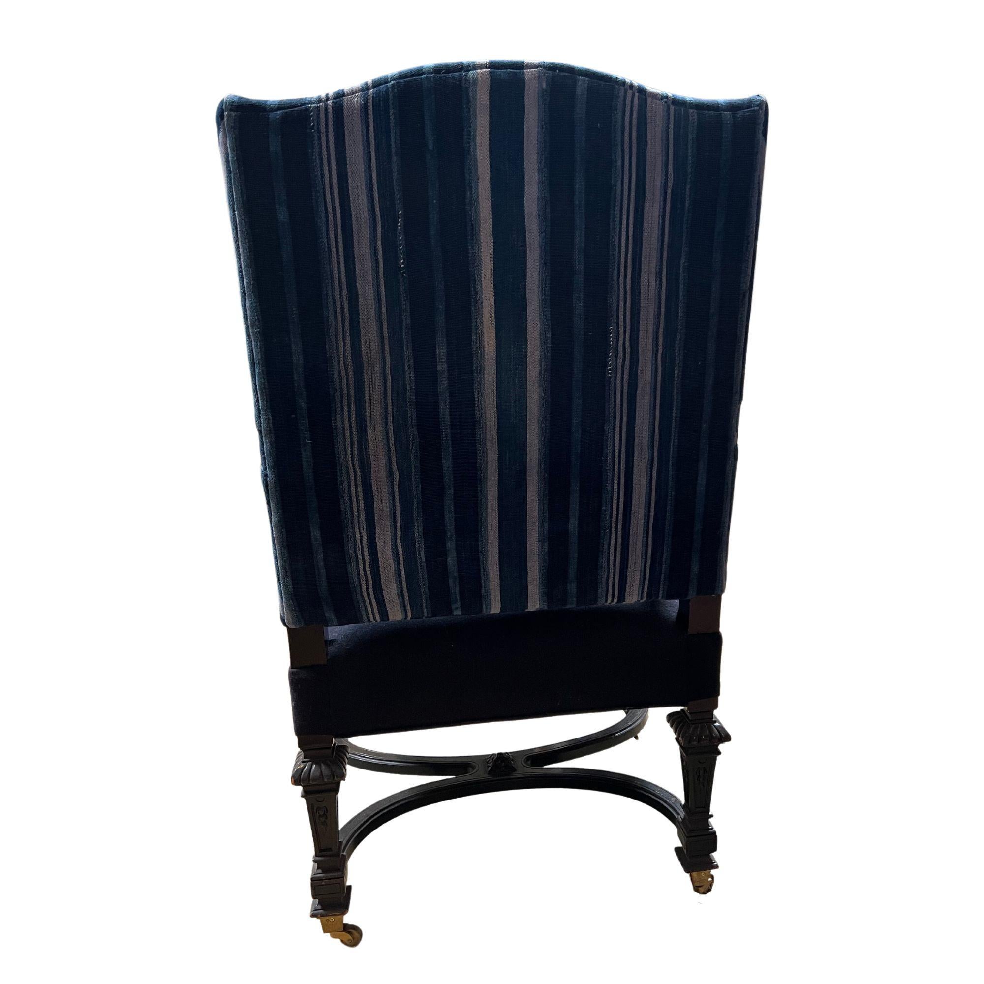 Wood Italian Chair with Antique Indigo Cloth on Wheels For Sale