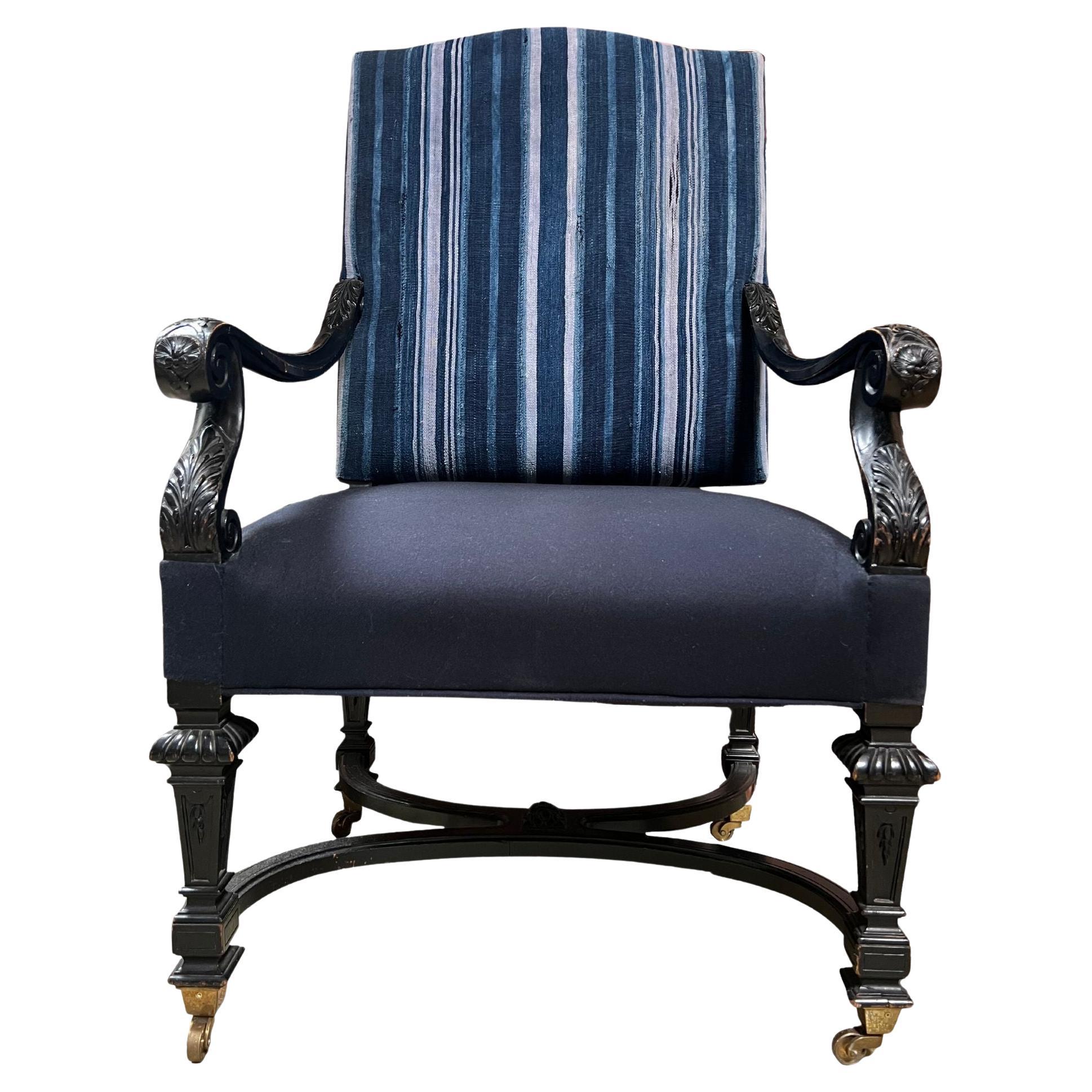 Italian Chair with Antique Indigo Cloth on Wheels For Sale