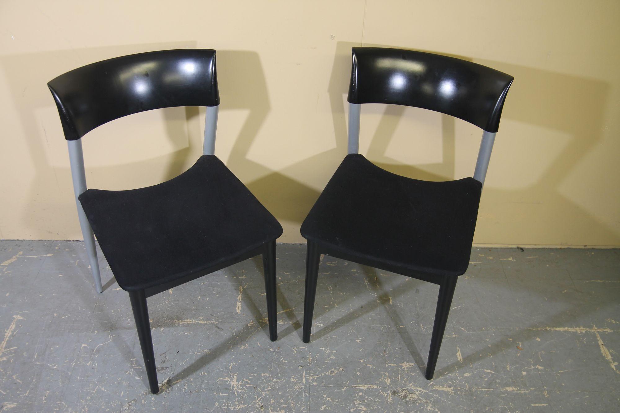 Nice pair of Italian chairs by Potocco. These chairs are made of wood, metal and fabric. The chairs are in nice vintage condition. These will work great around a small table or as accent chairs.