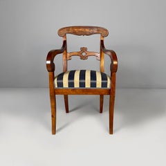 Chaises italiennes en bois et tissu rayé jaune et bleu, chaises italiennes en bois