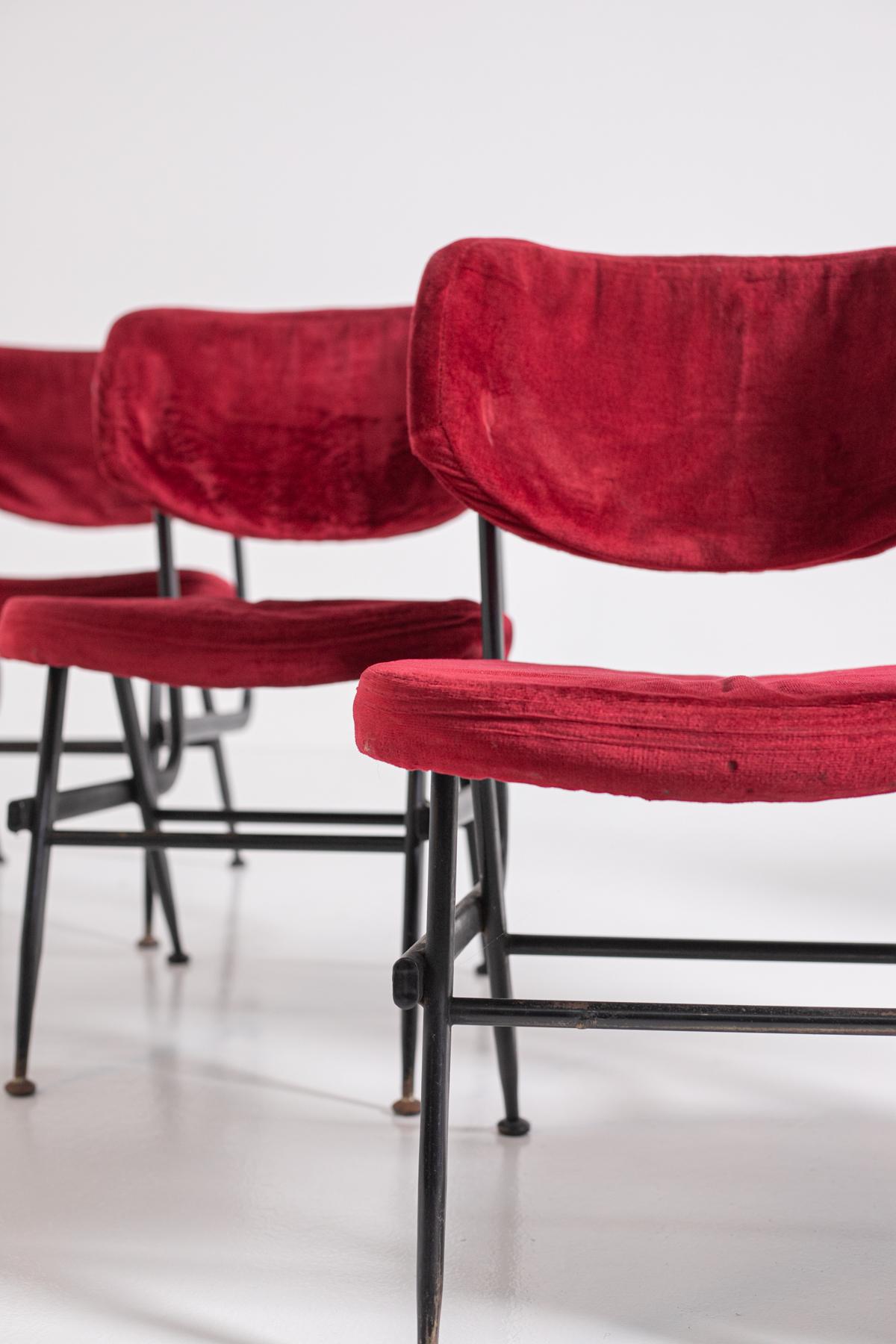 Italian Chairs Set of Six in Red Velvet and Iron, 1950s 3