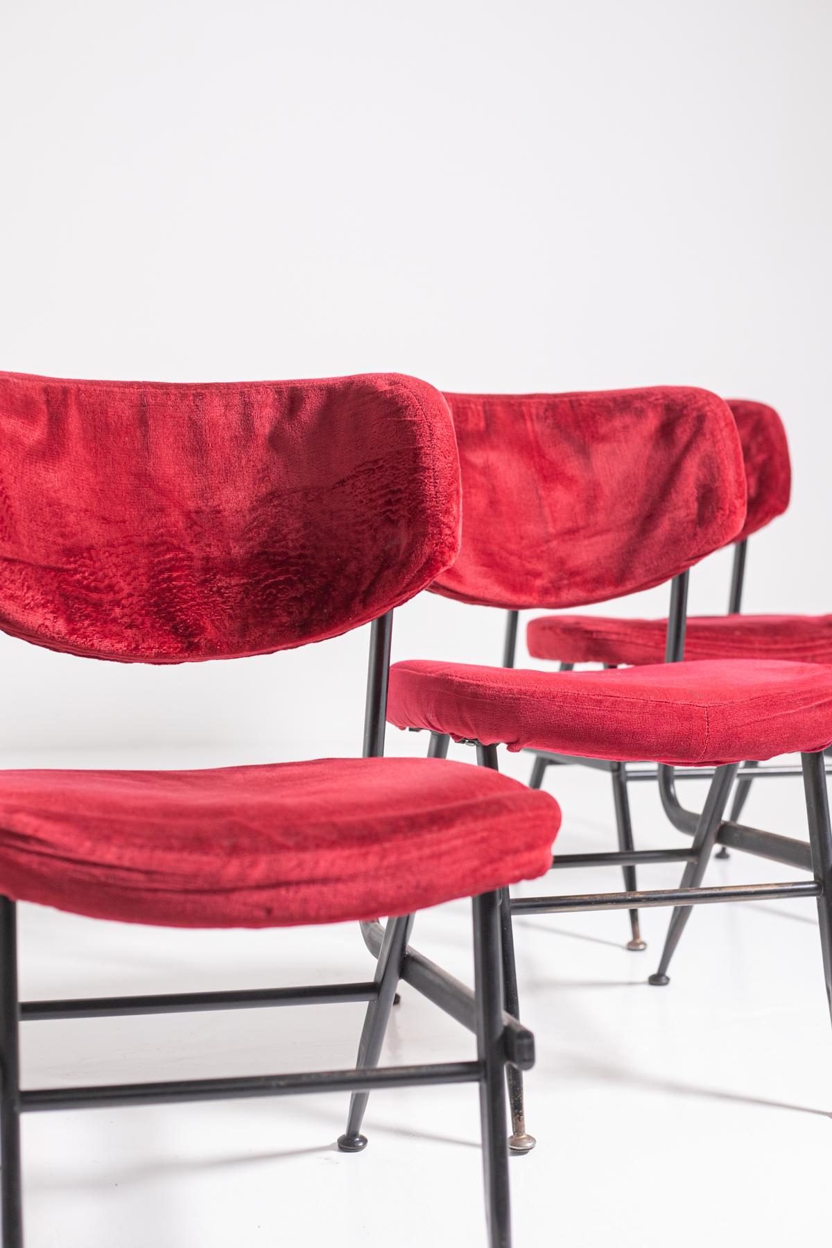 Italian Chairs Set of Six in Red Velvet and Iron, 1950s 4