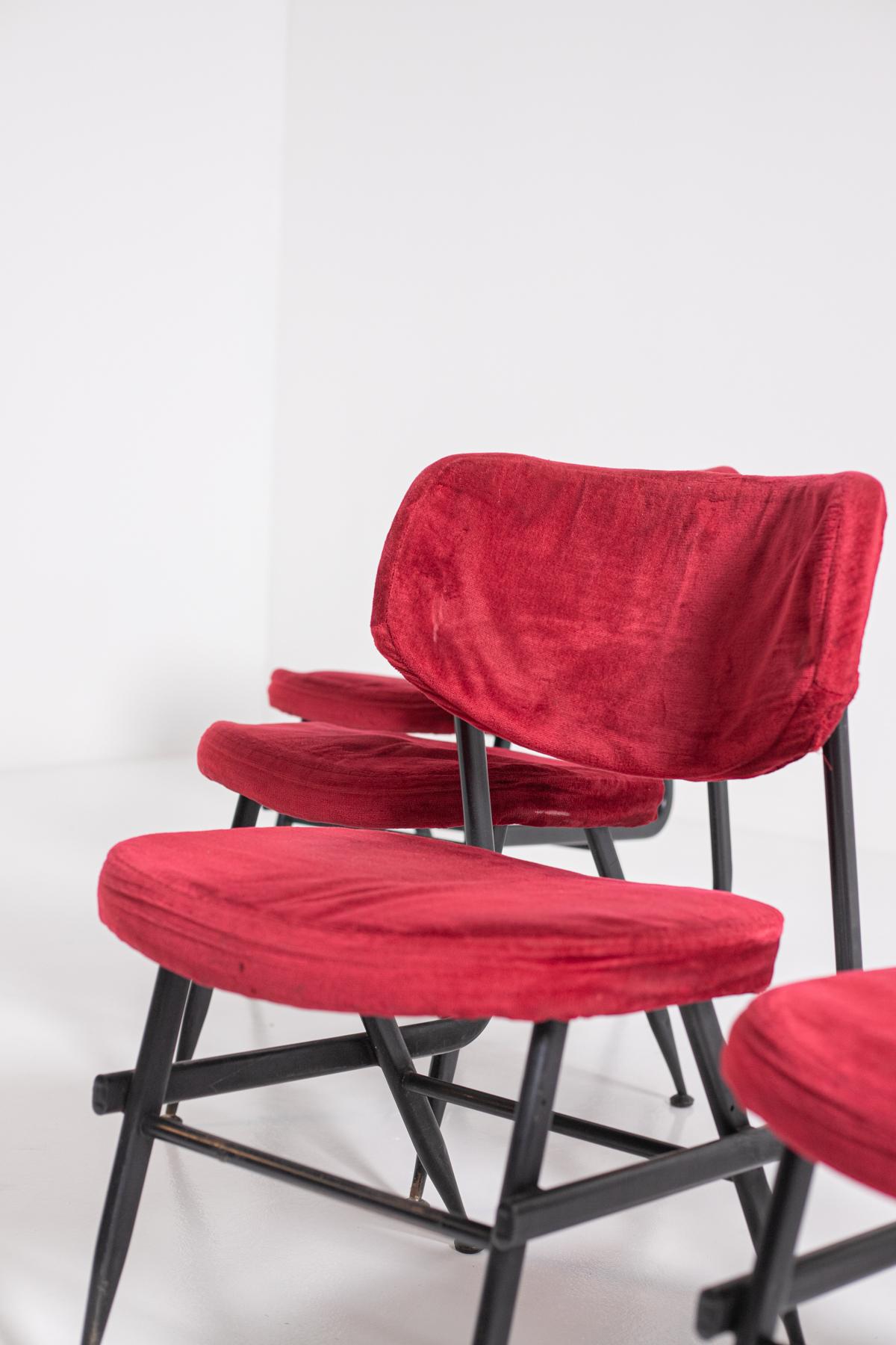 Italian Chairs Set of Six in Red Velvet and Iron, 1950s 6