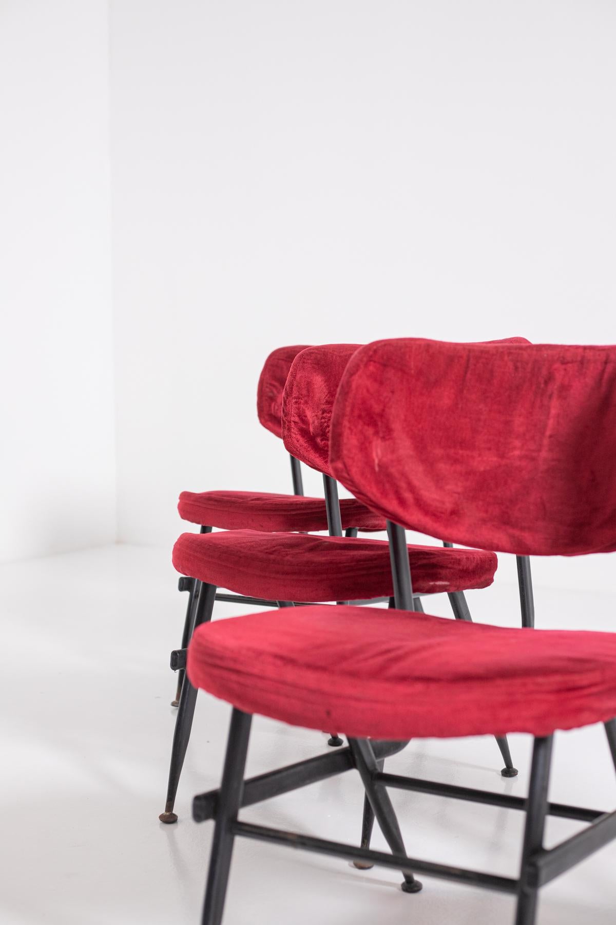 Italian Chairs Set of Six in Red Velvet and Iron, 1950s 7